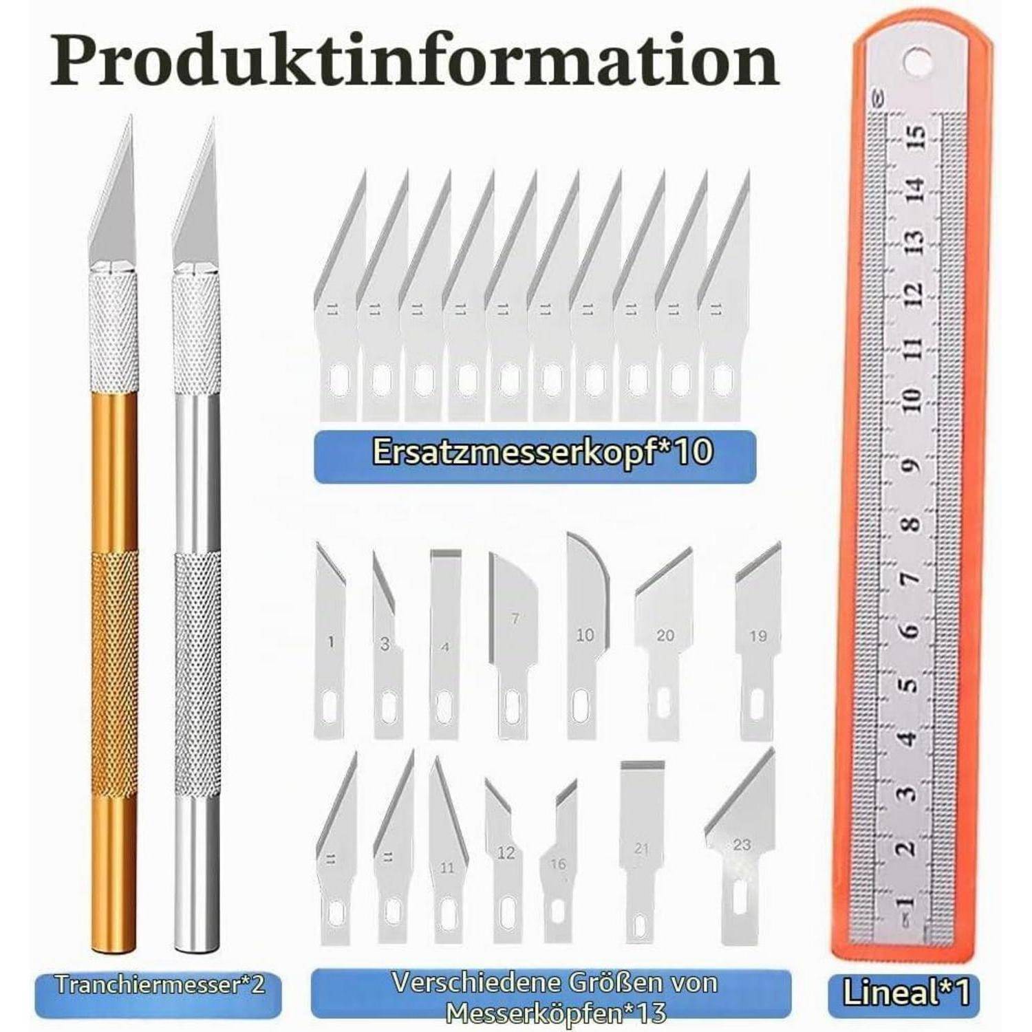 Produktinformation für ein Bastelmesserset: 2 Griffe, 10 Ersatzklingen und 11 sortierte Klingen, gezeigt mit einem 15-cm-Lineal und deutschen Beschriftungen.