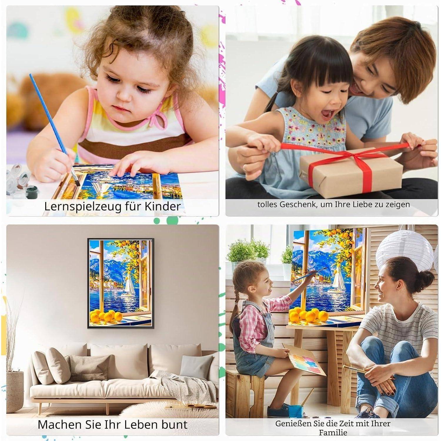 Vierteiliges Werbeplakat: Kind malt, Mutter und Kind öffnen ein Geschenk, bunte Wandkunst über einem Sofa und eine Familie verbringt Zeit zusammen.