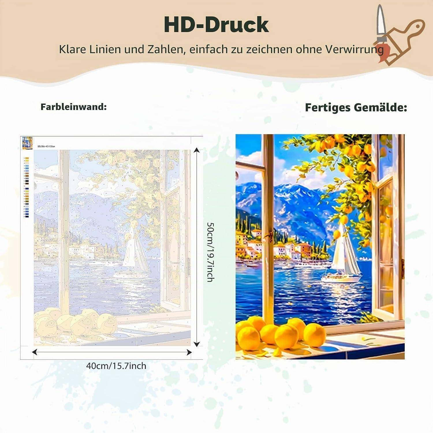 Werbebild für eine HD-Druck-Malen-nach-Zahlen-Leinwand, das links eine schwache Kontur und rechts die fertige bunte Strandhaus-Fensterszene zeigt, mit den Abmessungen 40 x 50 cm.