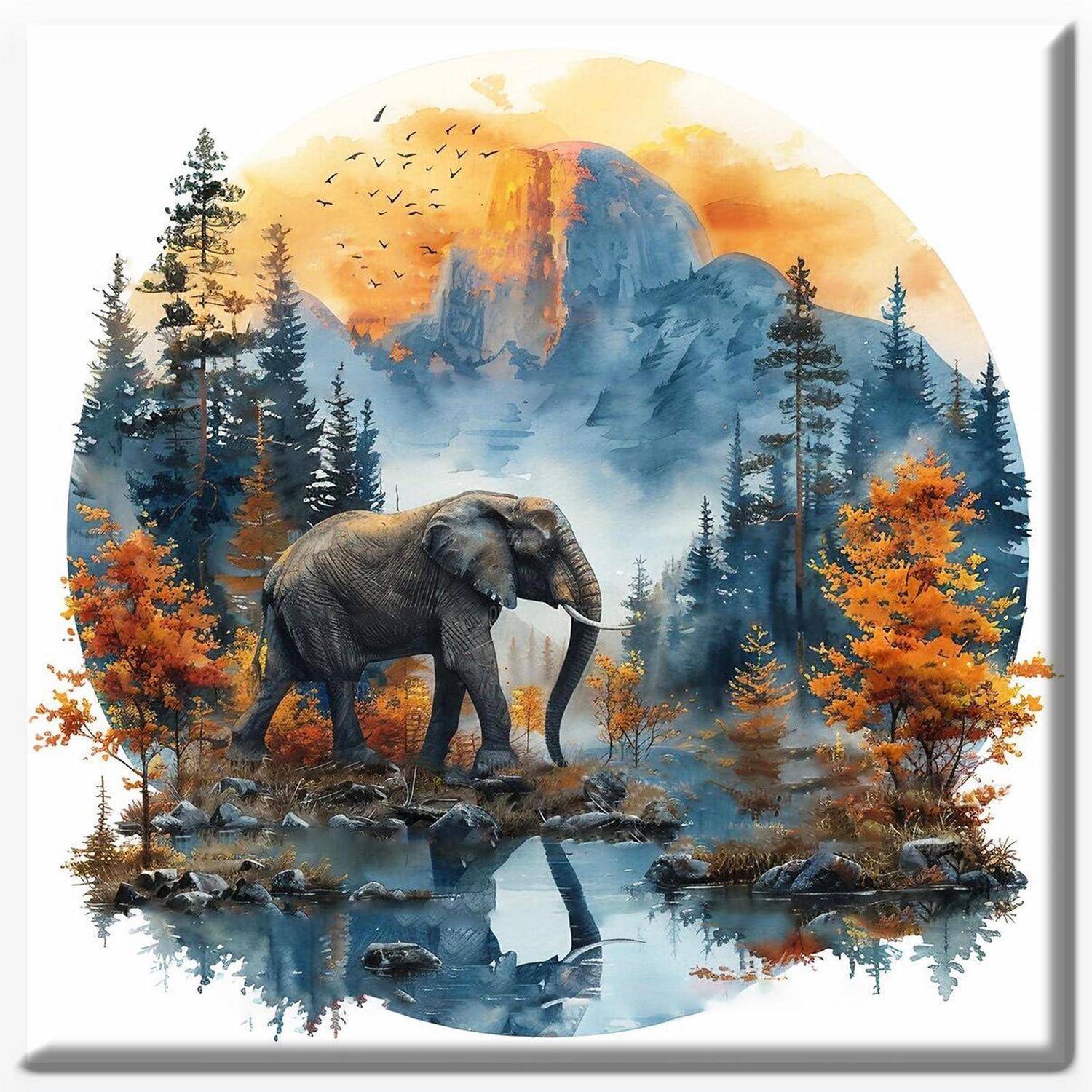 Ein Elefant steht an einem Waldteich mit seiner Spiegelung, umrahmt von Herbstbäumen, Nebel, Vögeln und Bergen bei Sonnenaufgang.