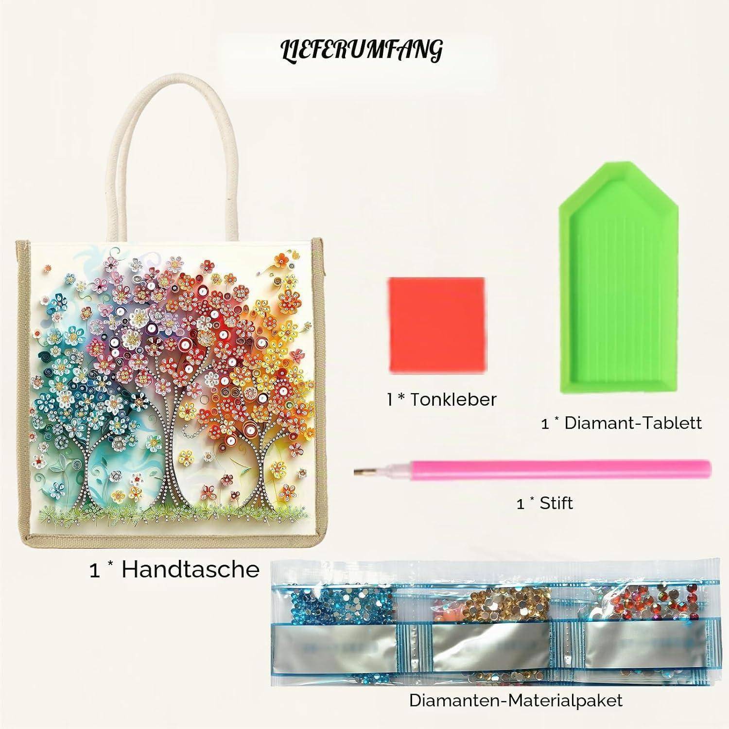Kit zum Verzieren einer Einkaufstasche: eine Handtasche, einen Ton-Block, eine Diamant-Platte, einen Stift und ein Diamant-Materialpaket.