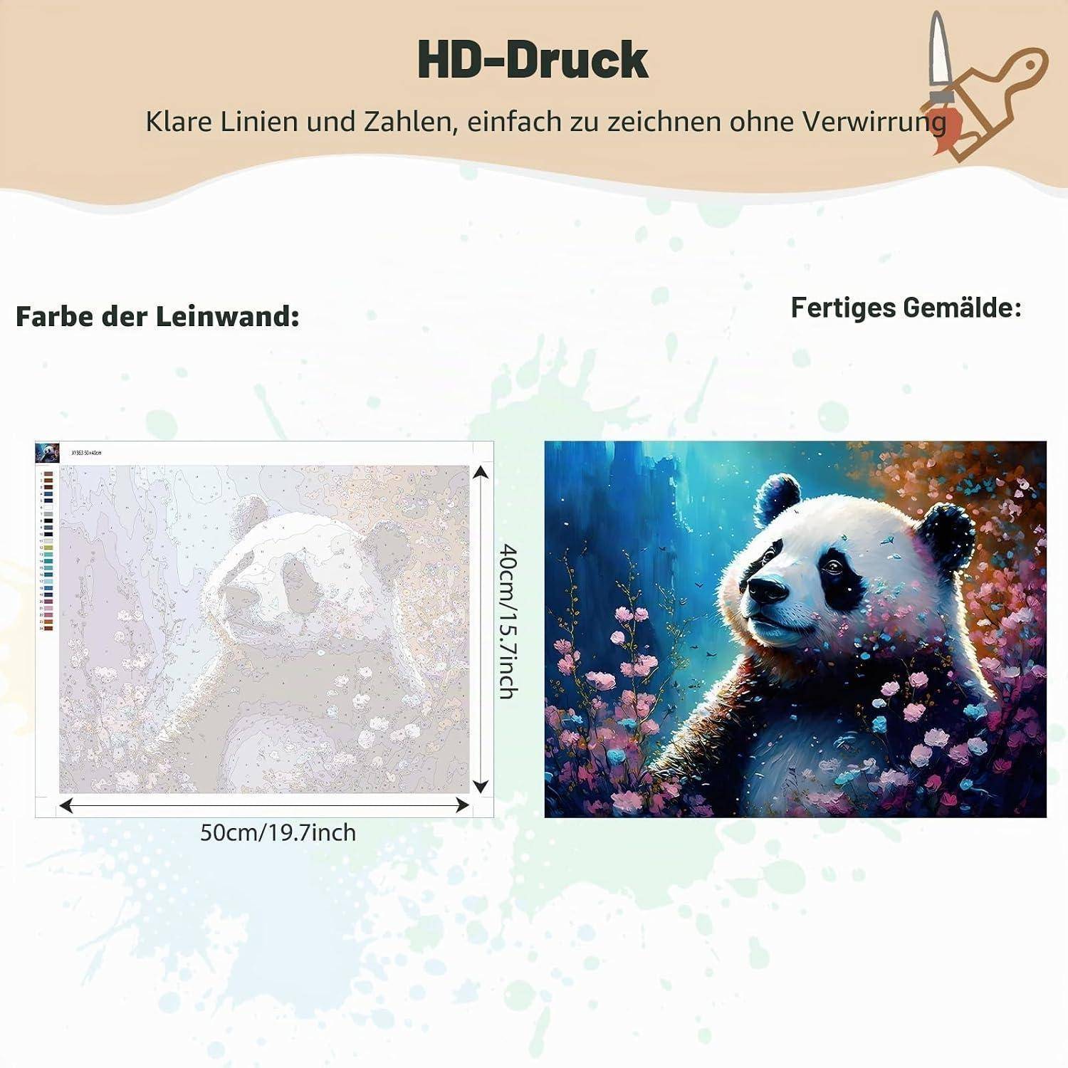 Angebot von HD-Druck mit einer Malen-nach-Zahlen-Vorschau einer Panda-Leinwand neben dem fertiggestellten farbenfrohen Panda-Gemälde, Größe 50 cm x 40 cm.