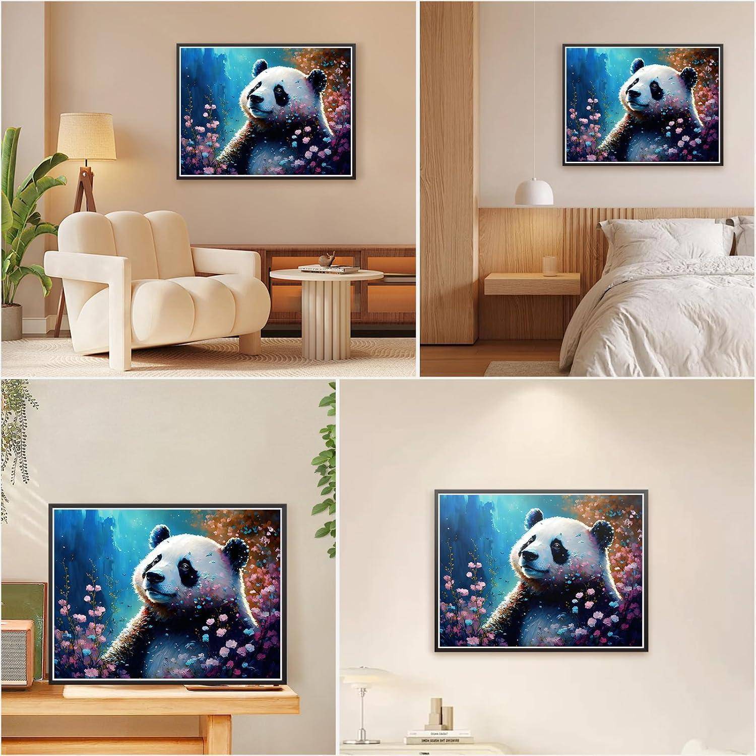 Collage eines gerahmten Pandagemäldes, das in modernen Räumen ausgestellt ist, einschließlich eines Wohnbereichs, eines Schlafzimmers und minimalistischer Innenräume.