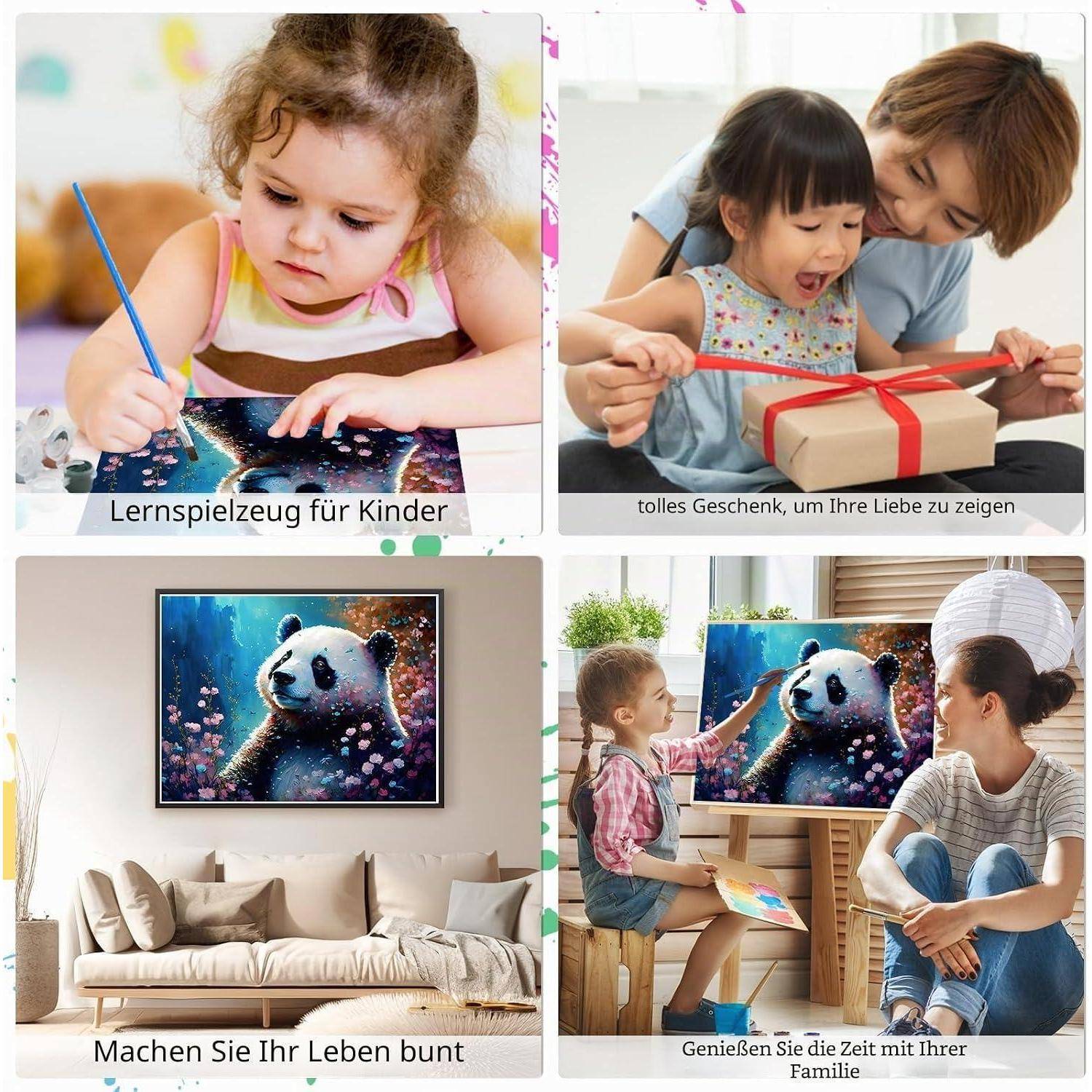Collage von Kindern und Familie, die benutzerdefinierte Kunstgeschenke verwenden: Ein Mädchen malt, eine Mutter und ein Kind öffnen ein Geschenk, und ein Pandabild schmückt ein Wohnzimmer.
