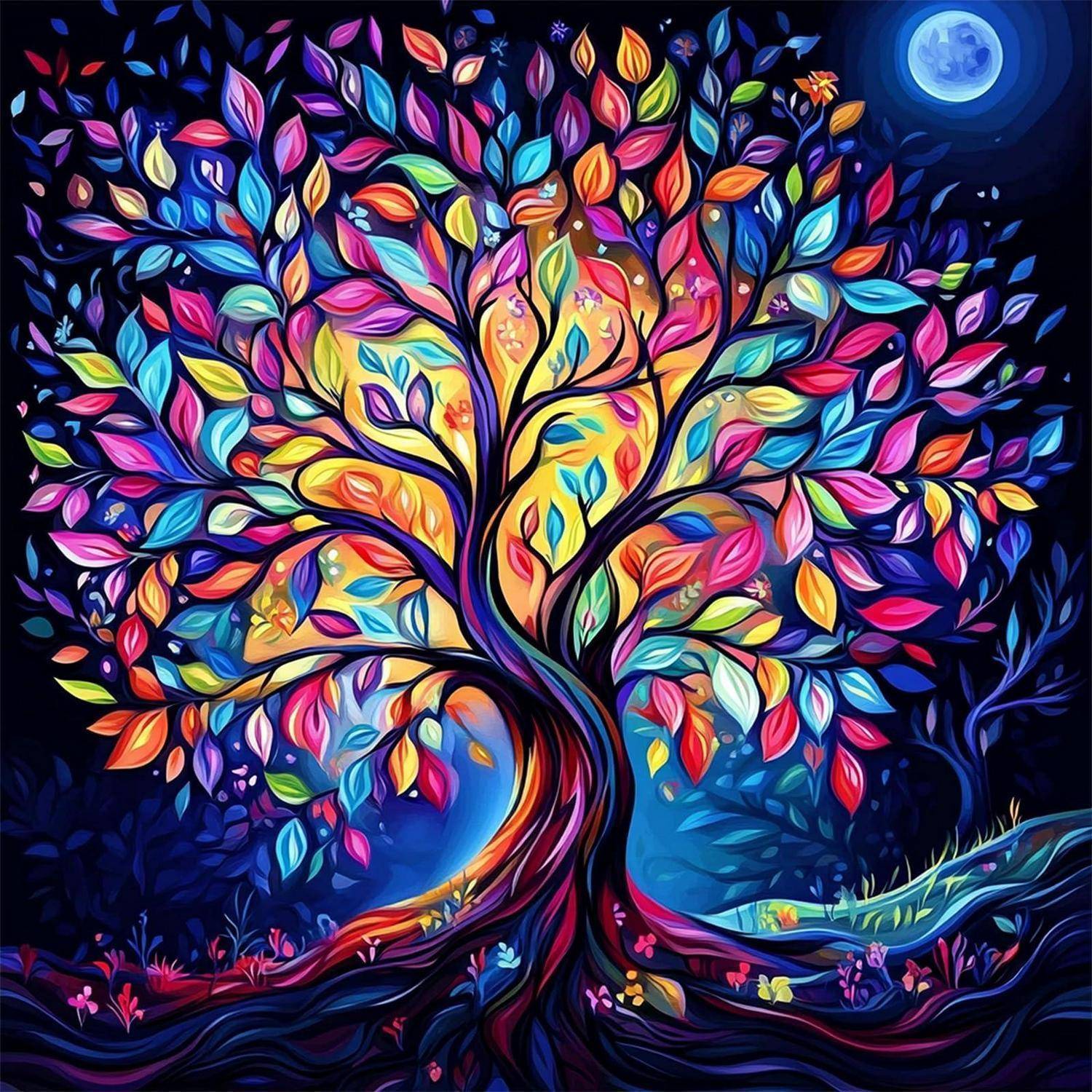 Ein bunter leuchtender Baum mit mehrfarbigen Blättern steht unter einem Vollmond in einer nächtlichen Landschaft, mit einem wirbelnden Stamm und leuchtenden Blüten darunter.