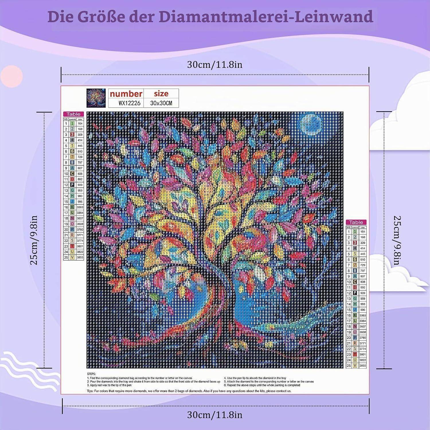 Produktgrößendiagramm mit einem Diamond-Painting-Set mit einem bunten Baummotiv, gekennzeichnet mit 30 cm x 30 cm (11,8 Zoll x 11,8 Zoll) Gesamtgröße und 25 cm x 25 cm (9,8 Zoll x 9,8 Zoll) Bildfläche.