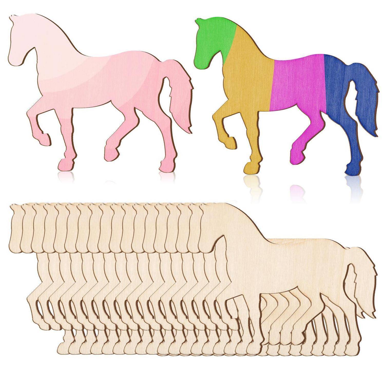 Holzpferd-Puzzle zeigt montierte Pferdesilhouetten und gestapelte verschlungene Ausschnittteile in Pastellfarben.