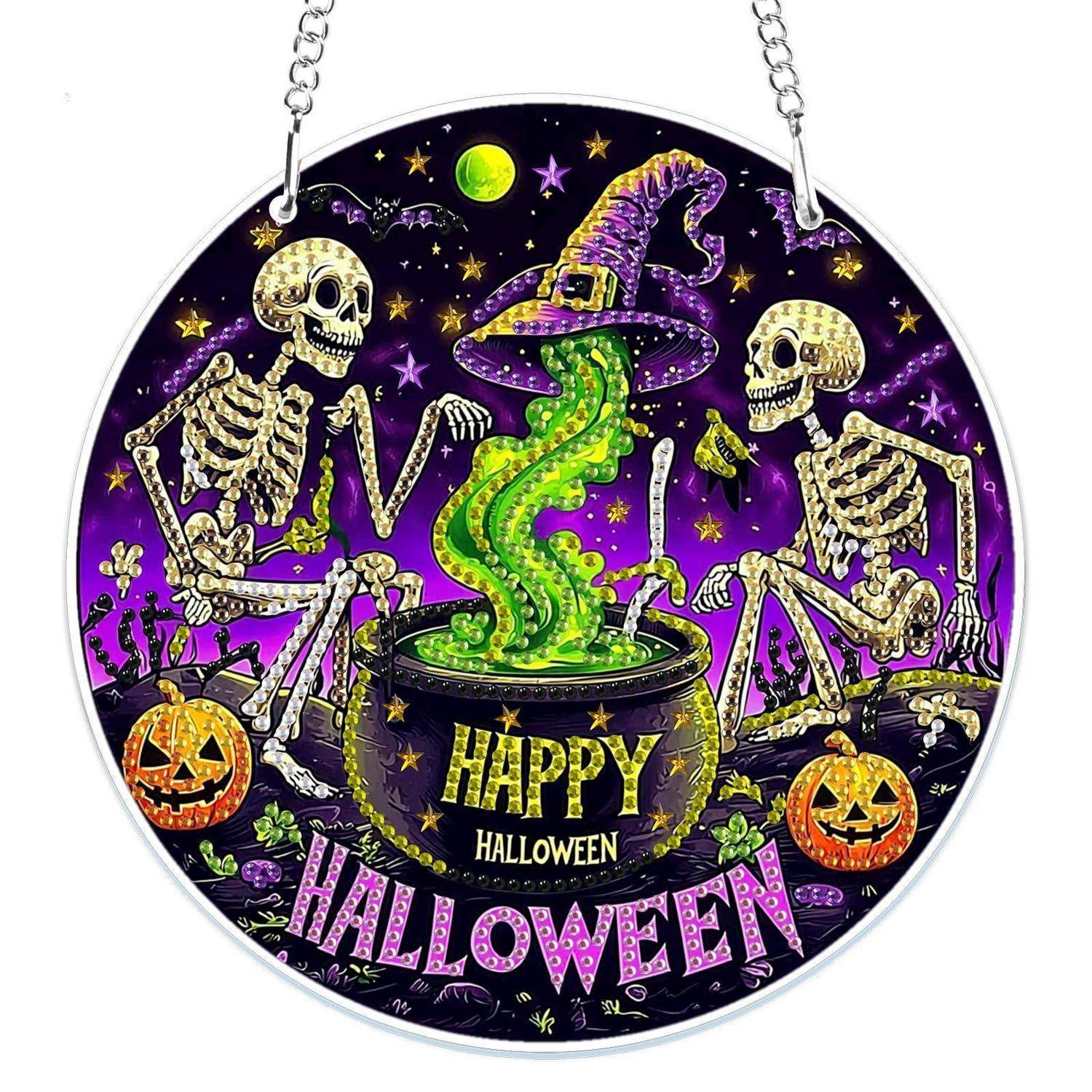 Rundes Halloween-Wandschild mit zwei Skeletten, einem Hexenhut, grünem Rauch, Kürbislaternen und dem Text „HAPPY HALLOWEEN
