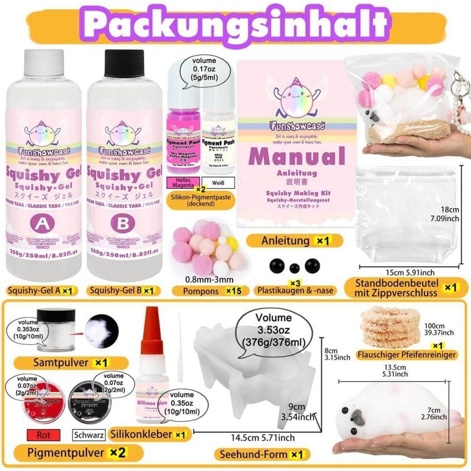 Produktinhalt-Infografik für ein Quetsch-Herstellungsset, das zwei Gelflaschen, Pigmentpulver, Silikonkleber, Formen, Anleitung, Pompons, Perlen, Augen, einen Reißverschlussbeutel und einen Fischnetzschwamm zeigt.