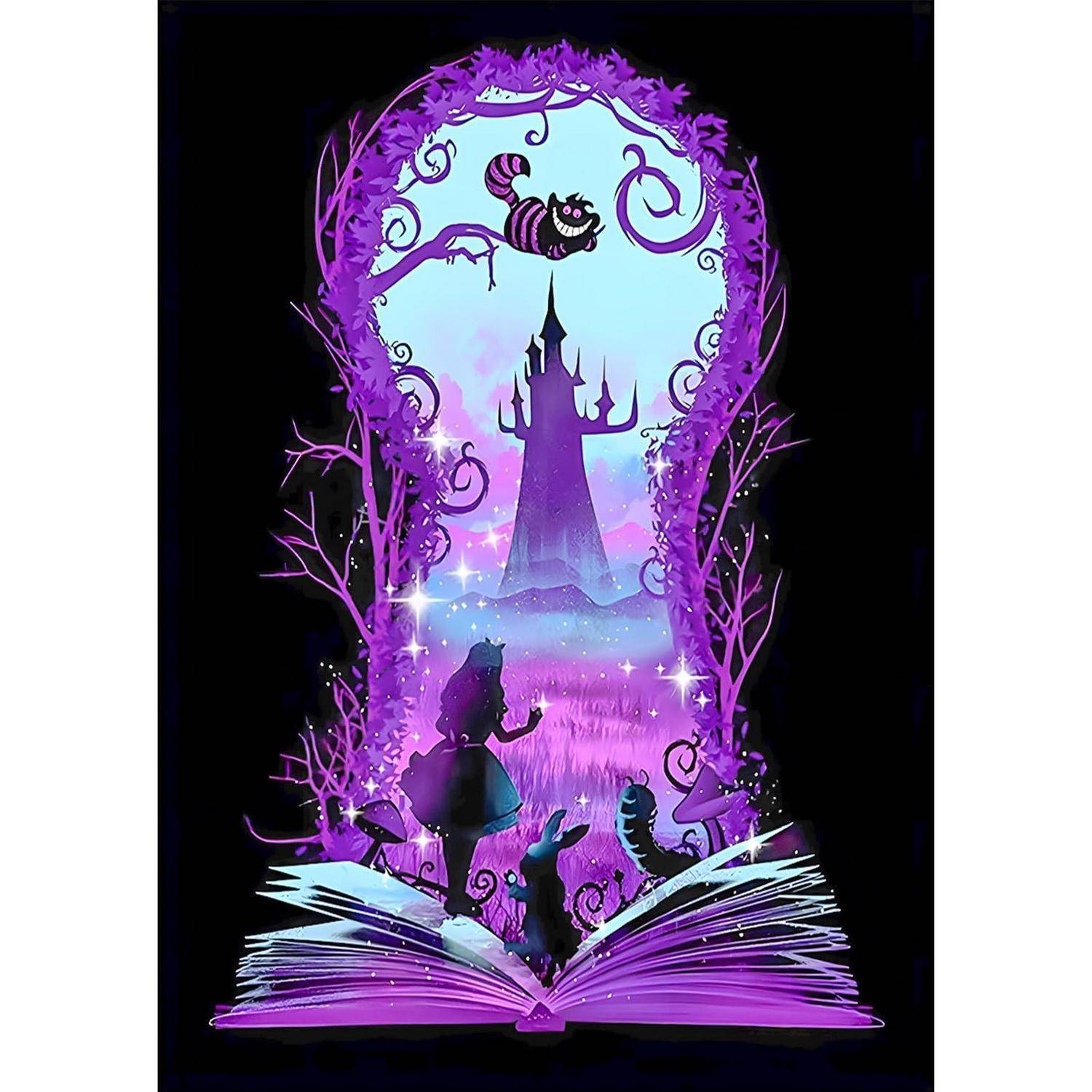 Illustration eines offenen Buches, das eine magische violette Fantasiewelt mit einem Mädchen, einer Katze, einem Kaninchen und einer entfernten Burg enthüllt, die in einer leuchtenden, portalähnlichen Szene silhouettiert ist.