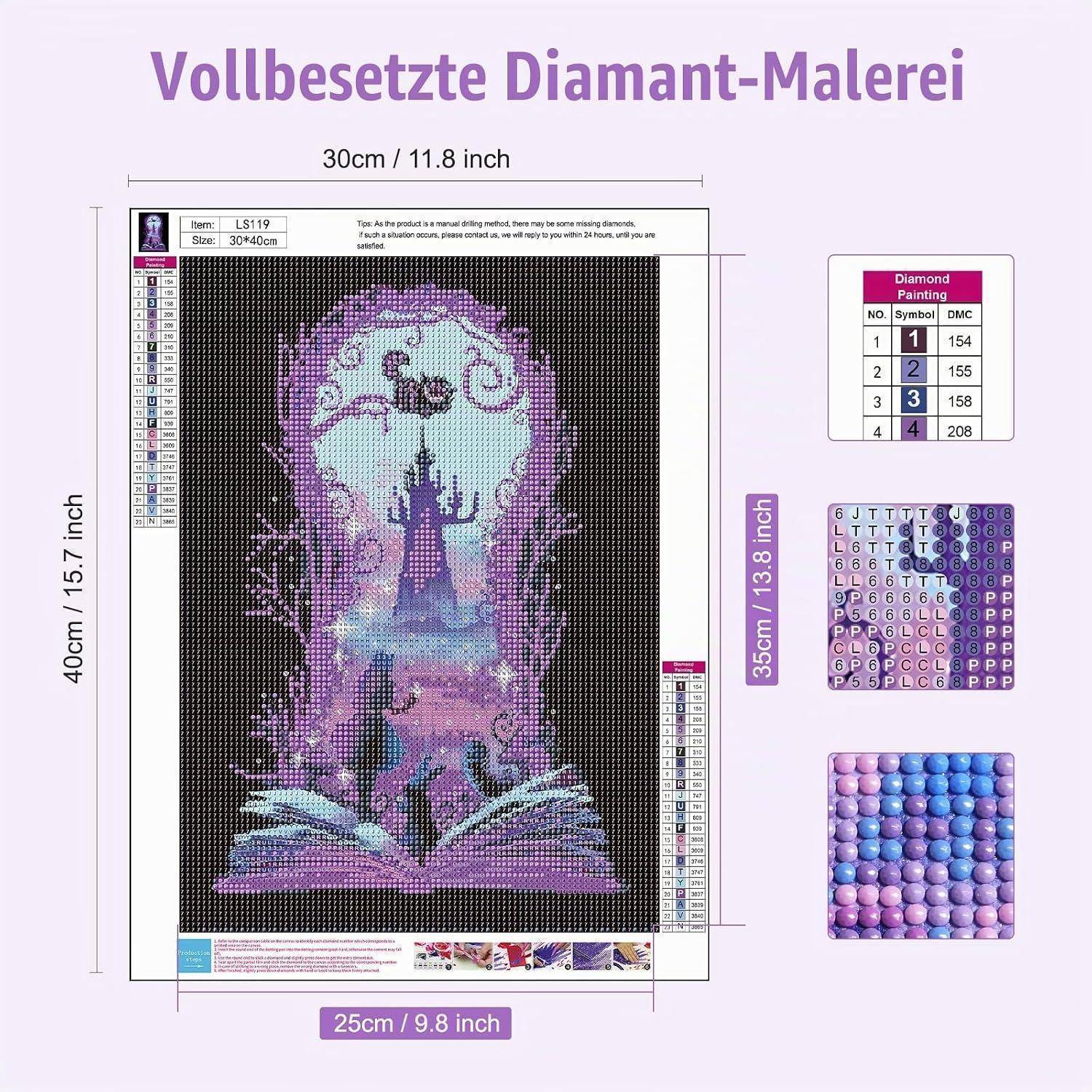 # Diamond Painting Set für ein violettes Feendesign mit Leinwandbild, Farbsymbolschlüssel, Perlendiagramm und Größenangaben in cm und Zoll.