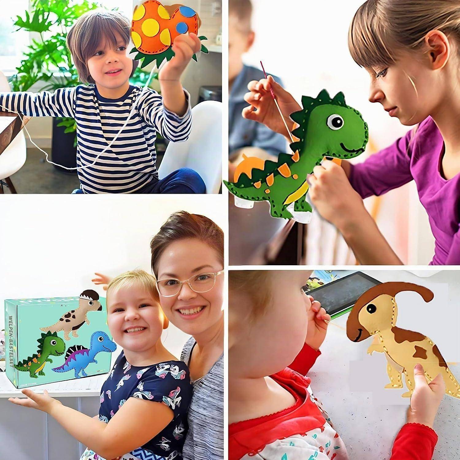 Collage von Kindern und einem Erwachsenen, die bunte Dinosaurier-Papierpuppen anmalen und halten, das zeigt eine Bastelaktivität oder ein Spielzeugherstellungsprojekt.
