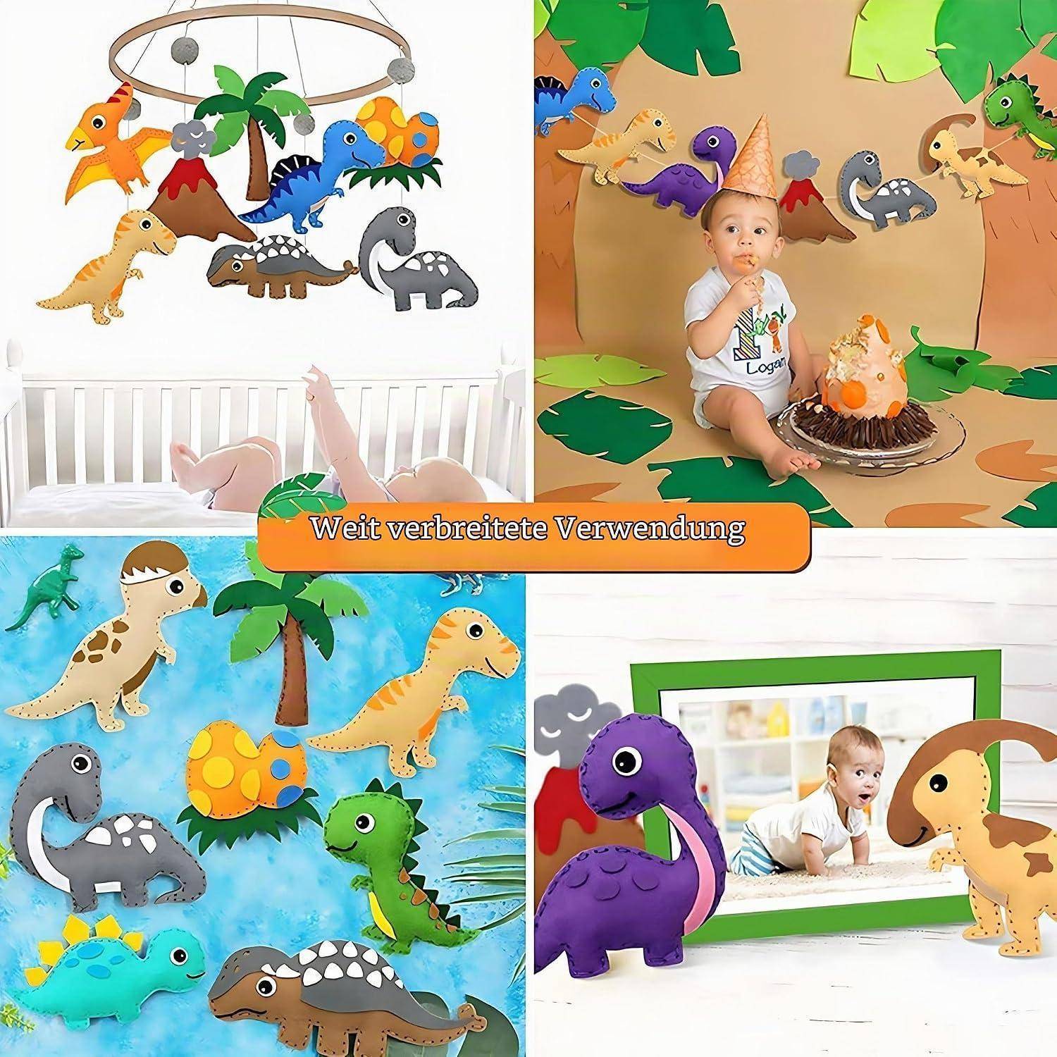 Collage aus buntem Dinosaurier-Mobilé als Kinderzimmerdekoration und Partydekorationen, mit hängenden Dinos, Wanddekorationen und einem Baby neben einer Torte.