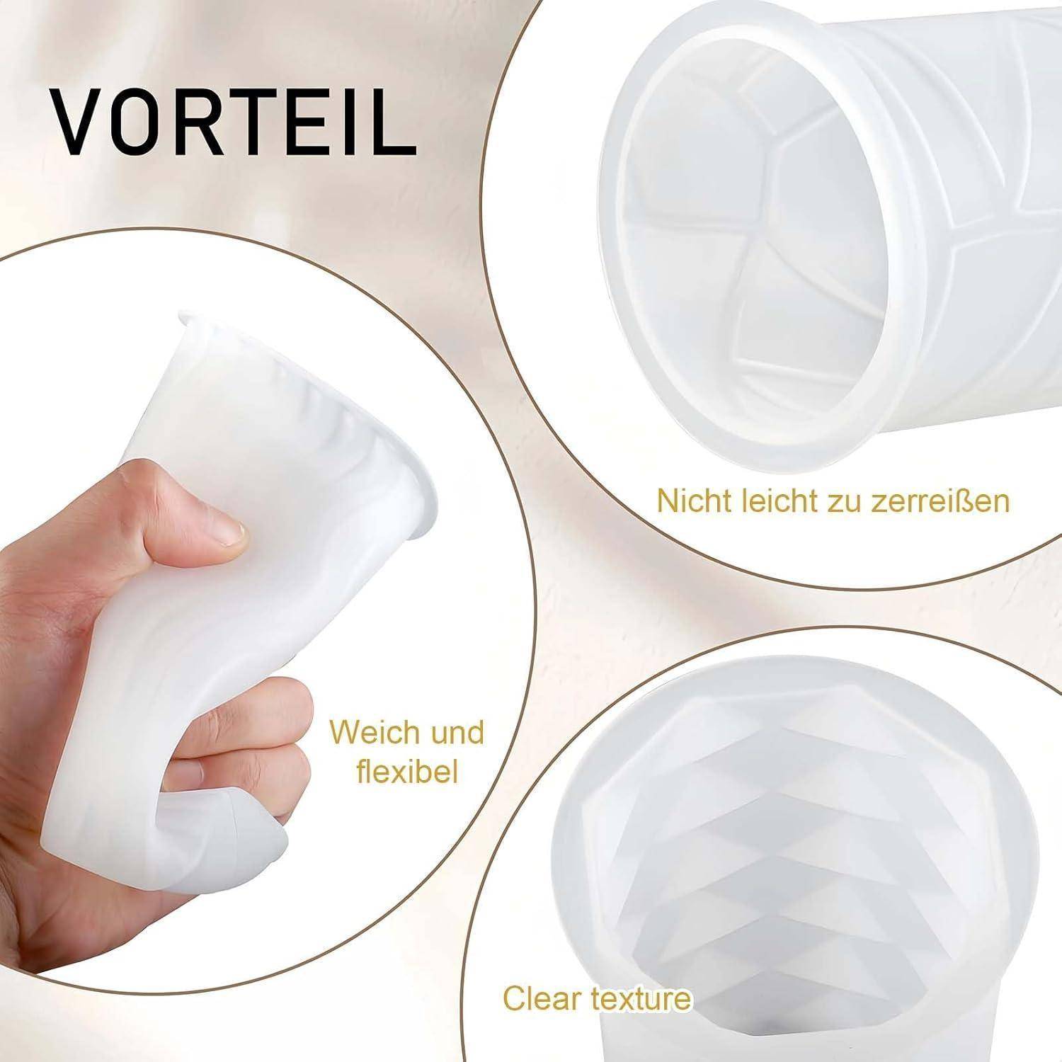 Anzeige für eine durchsichtige, flexible Hülle, die in einer Hand gehalten wird, mit eingefügten Nahaufnahmen, die ihre weiche Textur und Haltbarkeit hervorheben; der Text lautet „VORTEIL