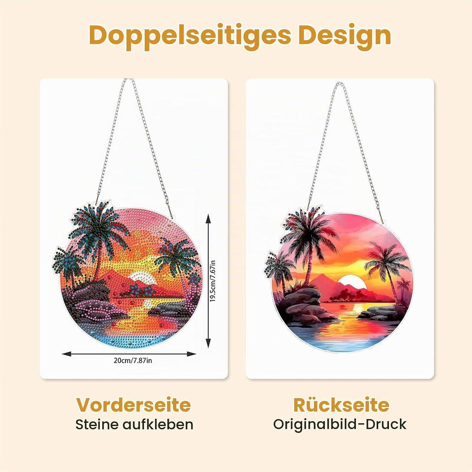 Grafik zeigt eine doppelseitige Wandkunst zum Aufhängen: linke Vorderseite mit anzubringenden Steinen, rechte Rückseite mit originalgedrucktem Bild einer Sonnenuntergang-Palmenlandschaft.