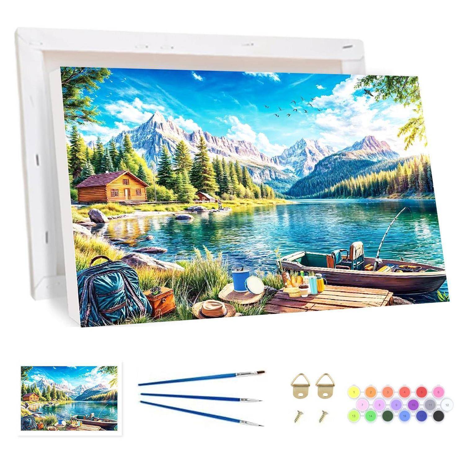 Malen-nach-Zahlen-Set mit einer Bergsee-Kabinen-Szene, zeigt die gerahmte Leinwand plus drei Pinsel, Aufhängehardware und nummerierte Farbdosen.