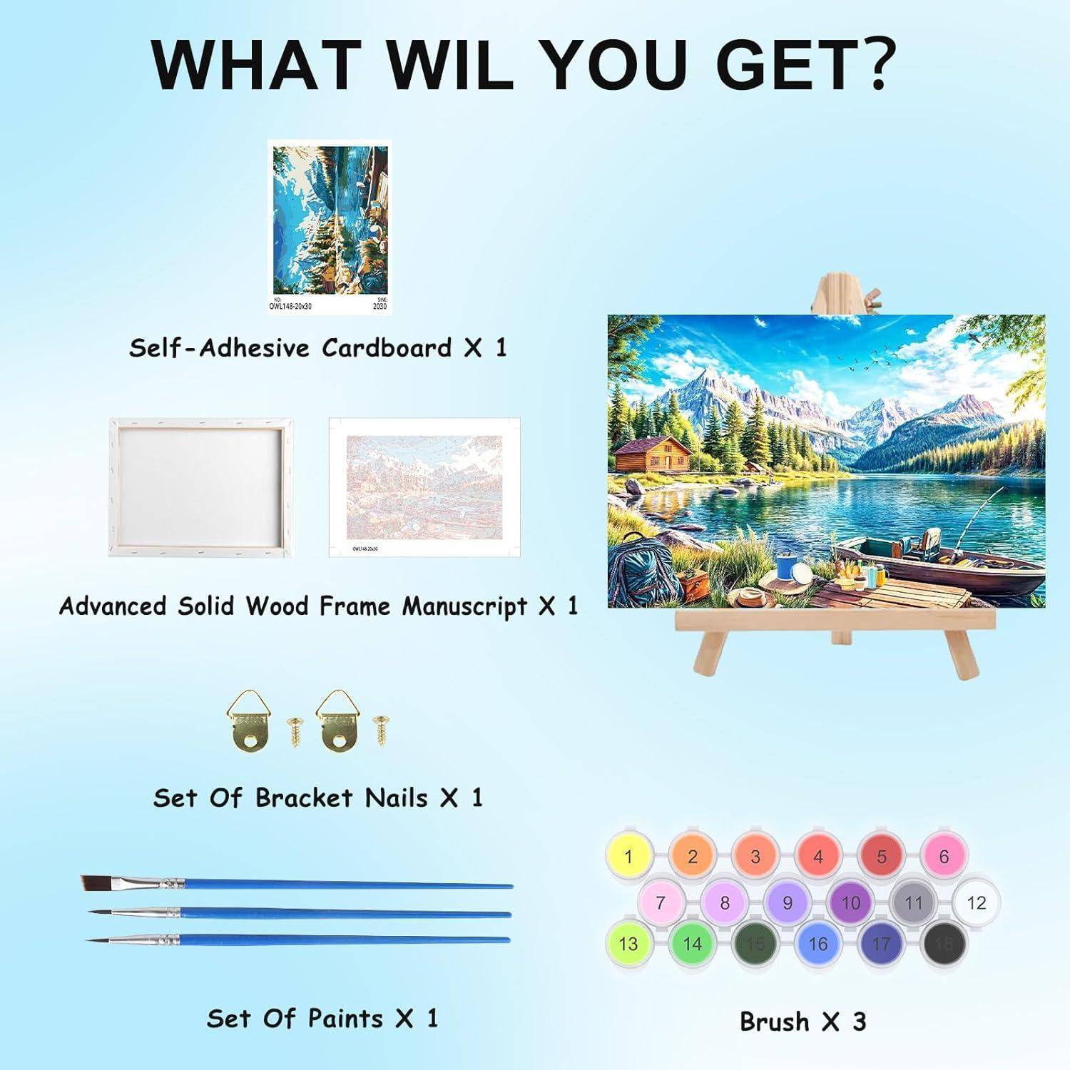 Inhalt des Diamond-Painting-Sets: eine selbstklebende Pappe, einen Holzrahmen, einen Satz Befestigungsnägel, einen Satz Farben und 3 Pinsel.