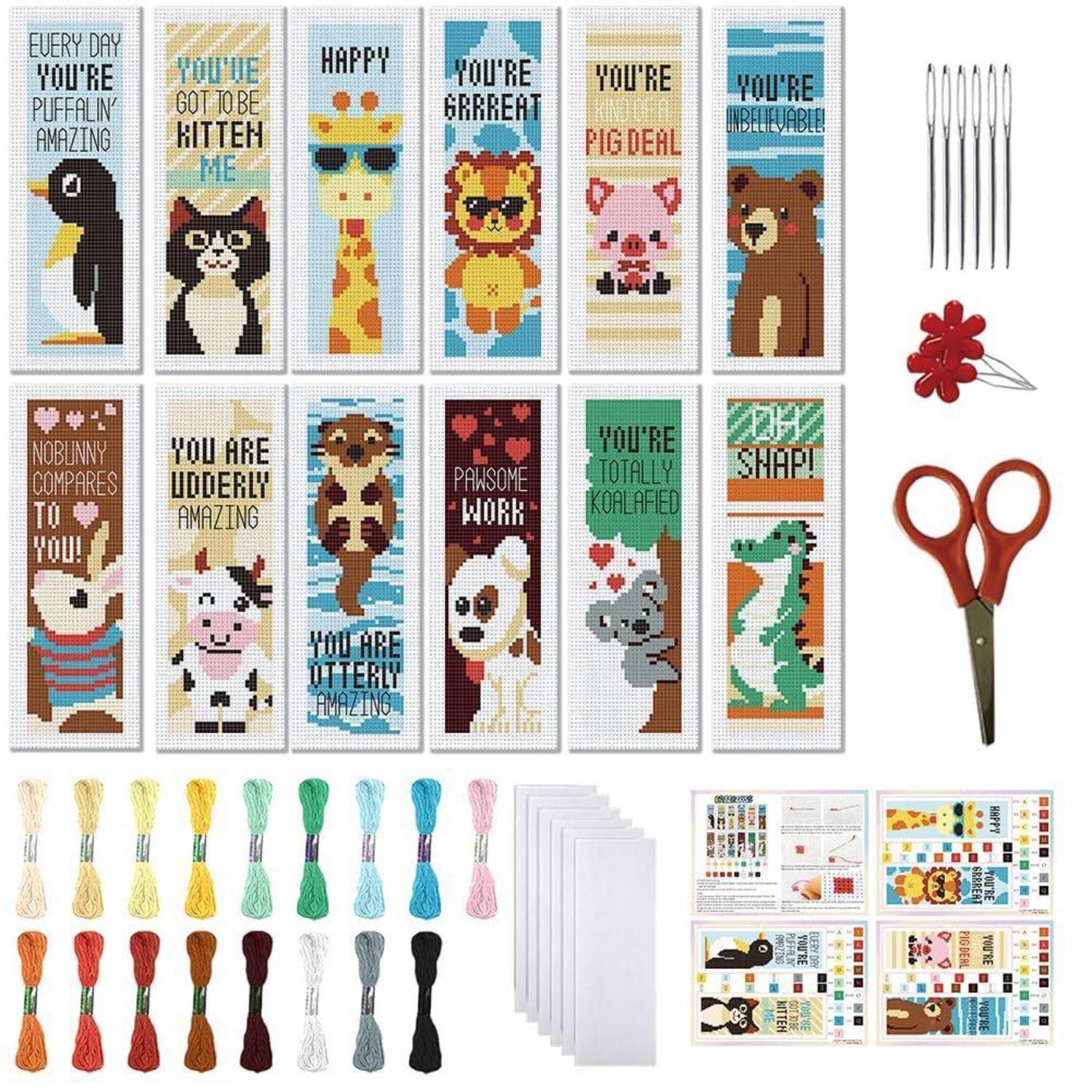 Kreuzstich-Bastelset mit 12 Tier-Lesezeichen, Stickgarn-Farben, Nadeln, Schere, Fadeneinfädler und Mustersheets