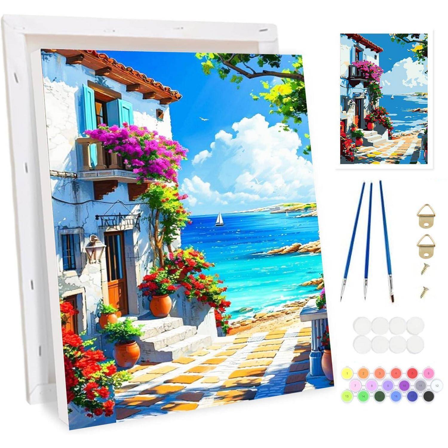 Malen-nach-Zahlen-Set mit einem Bild eines Küstendorfes an einer Straße am Meer, mit Leinwand, drei Pinseln, nummerierten Farben und Aufhängevorrichtung.