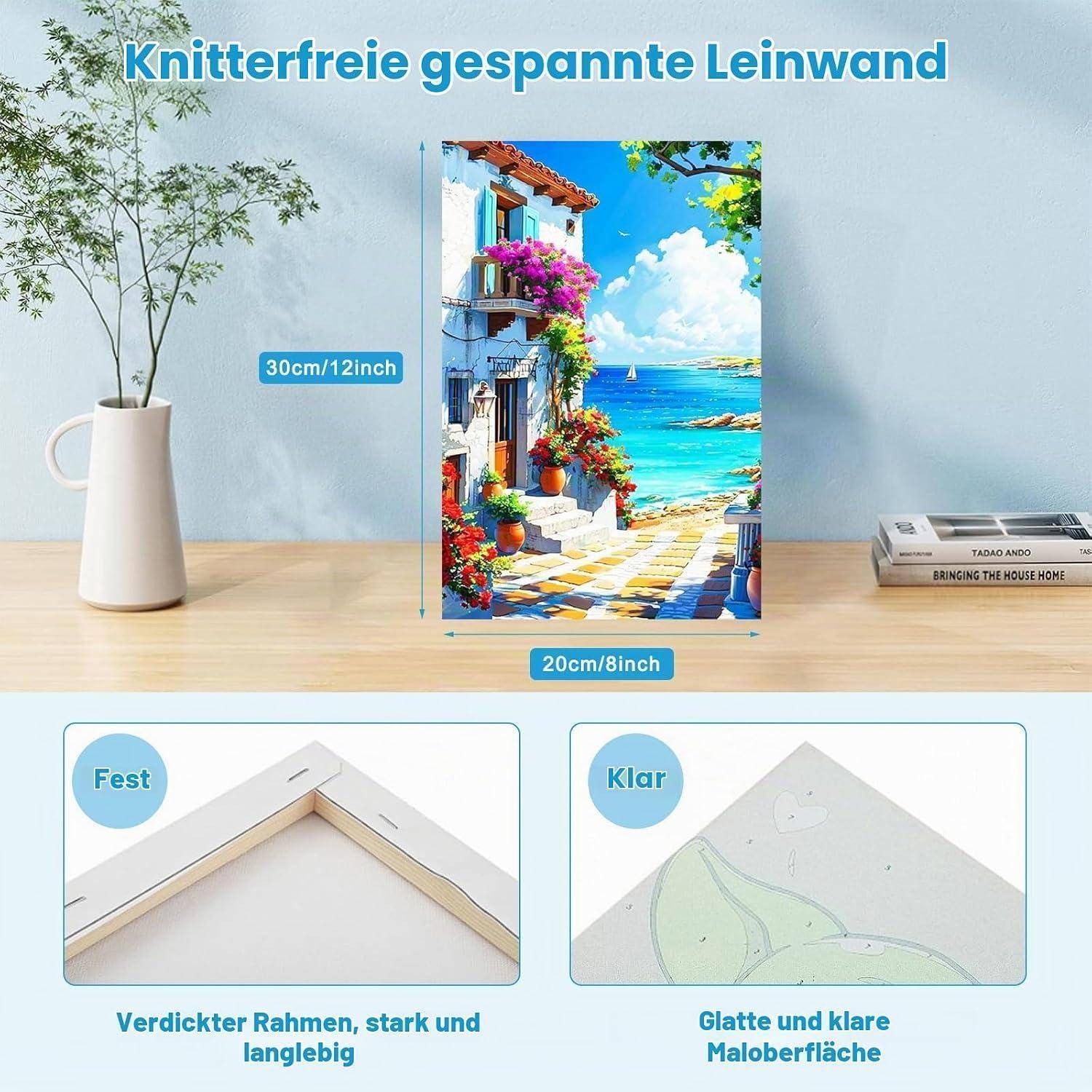# Gespannte Leinwand: 20 cm x 30 cm Kunstwerk auf stabilem Rahmen, mit Nahaufnahmen, die eine dicke, klare, glatte Rückseite zeigen.