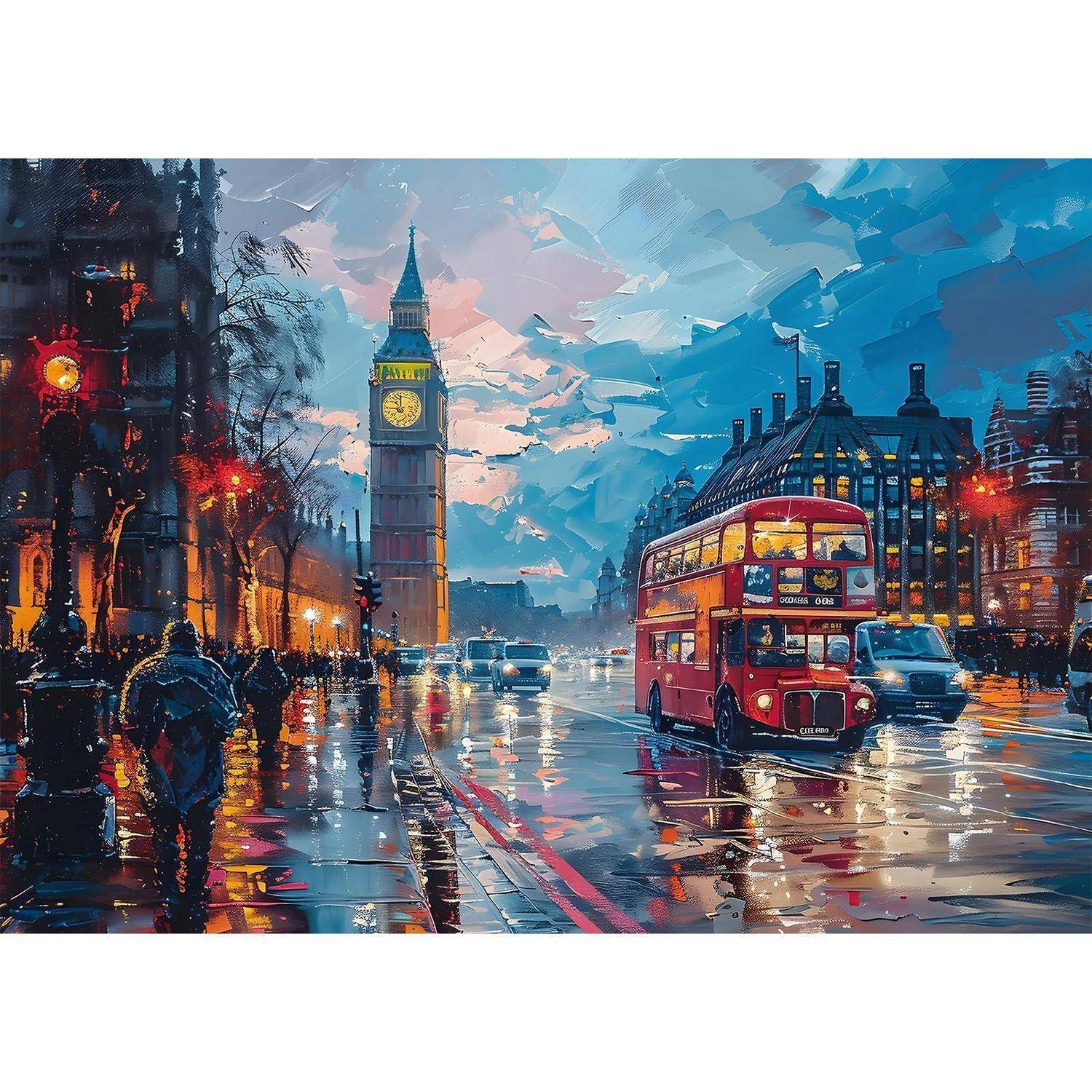 Regnerische Londoner Straßenszene mit Big Ben, einem roten Doppeldeckerbus, Fußgängern und nassen reflektierenden Straßen in der Dämmerung.