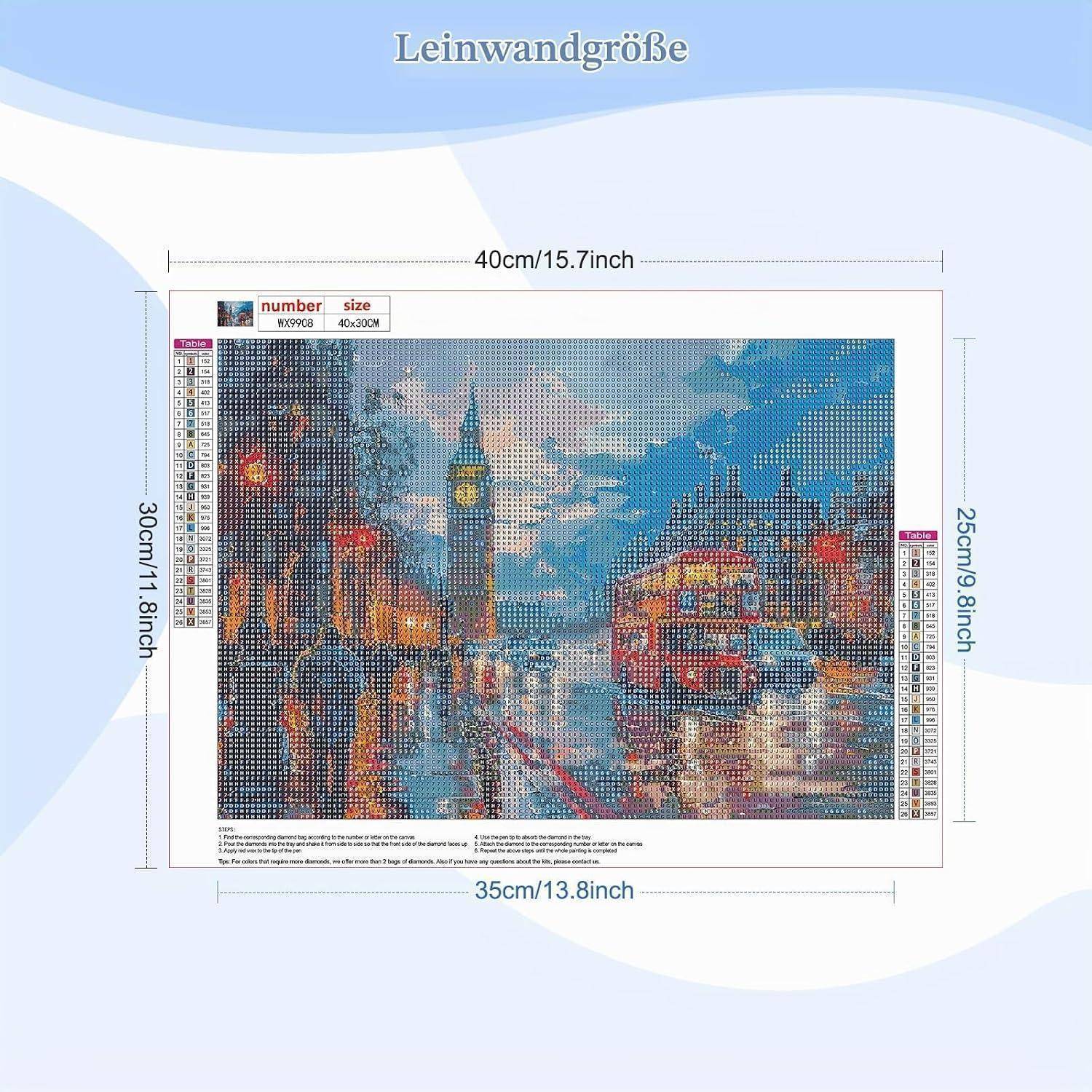 Diamantmalerei-Leinwandgrößenchart mit einer Straßenszene einer Stadt mit Big Ben, einem roten Doppeldeckerbus und beschrifteten Maßen 40 cm x 30 cm, 35 cm x 25 cm.