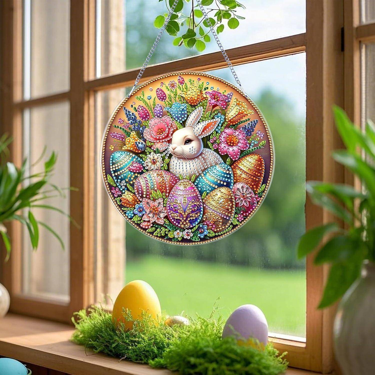 Farbenfrohe hängende Osterdekoration mit einem weißen Kaninchen, umgeben von verzierten Eiern und Blumen in einer sonnigen Fensterauslage.