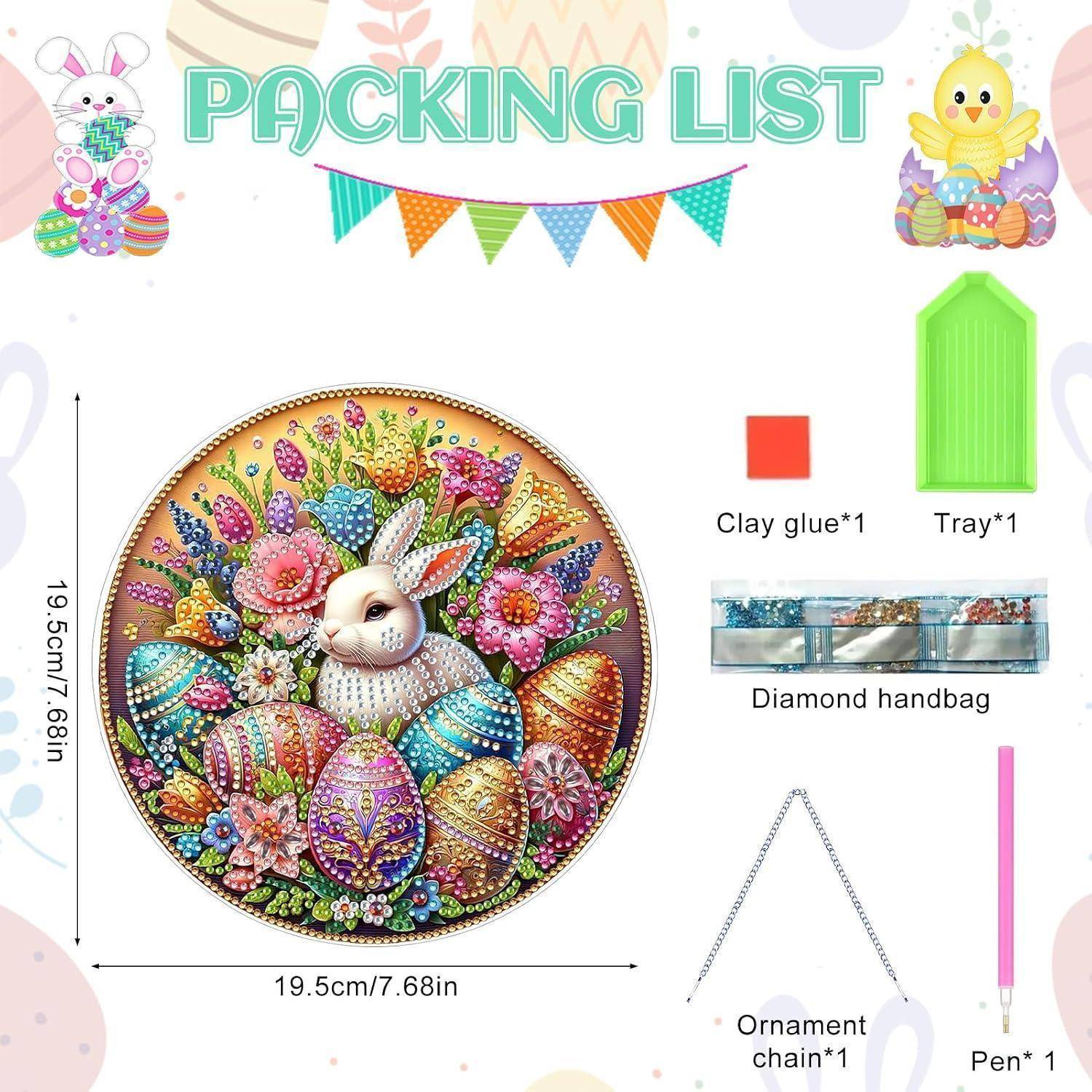 Packliste für ein Diamond-Painting-Set: Hase-Ostereier-Design, Tablett, Ton-Klebstoff, Stift, Ornament-Kette und Diamant-Handtaschen-Accessoires, mit einer fertigen Größe von 19,5 cm im Quadrat.