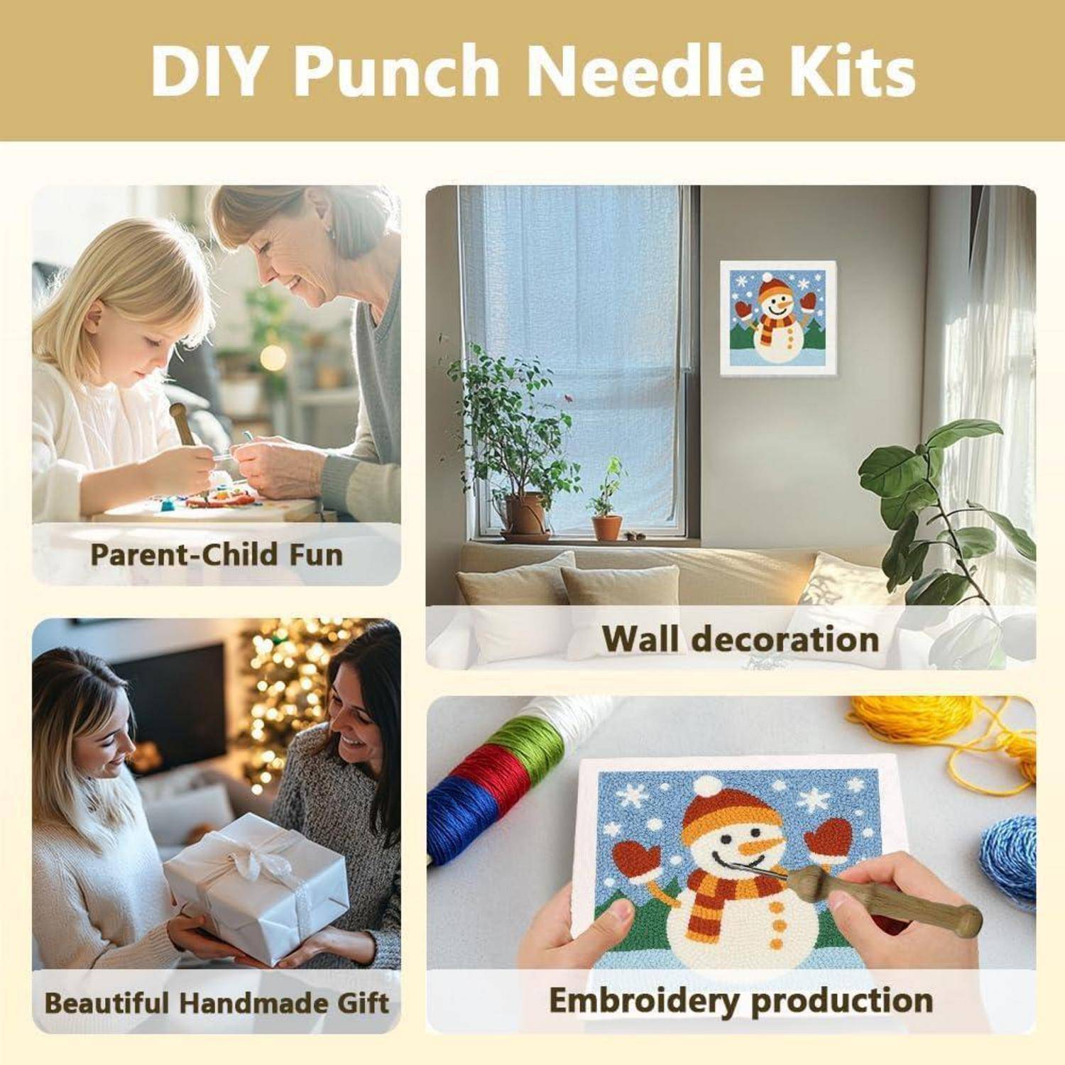 Collage-Werbung für DIY-Punch-Needle-Kits: Eltern-Kind-Basteln, Wanddekoration, handgefertigtes Geschenk und Stickerei-Herstellung mit Schneemann-Design.