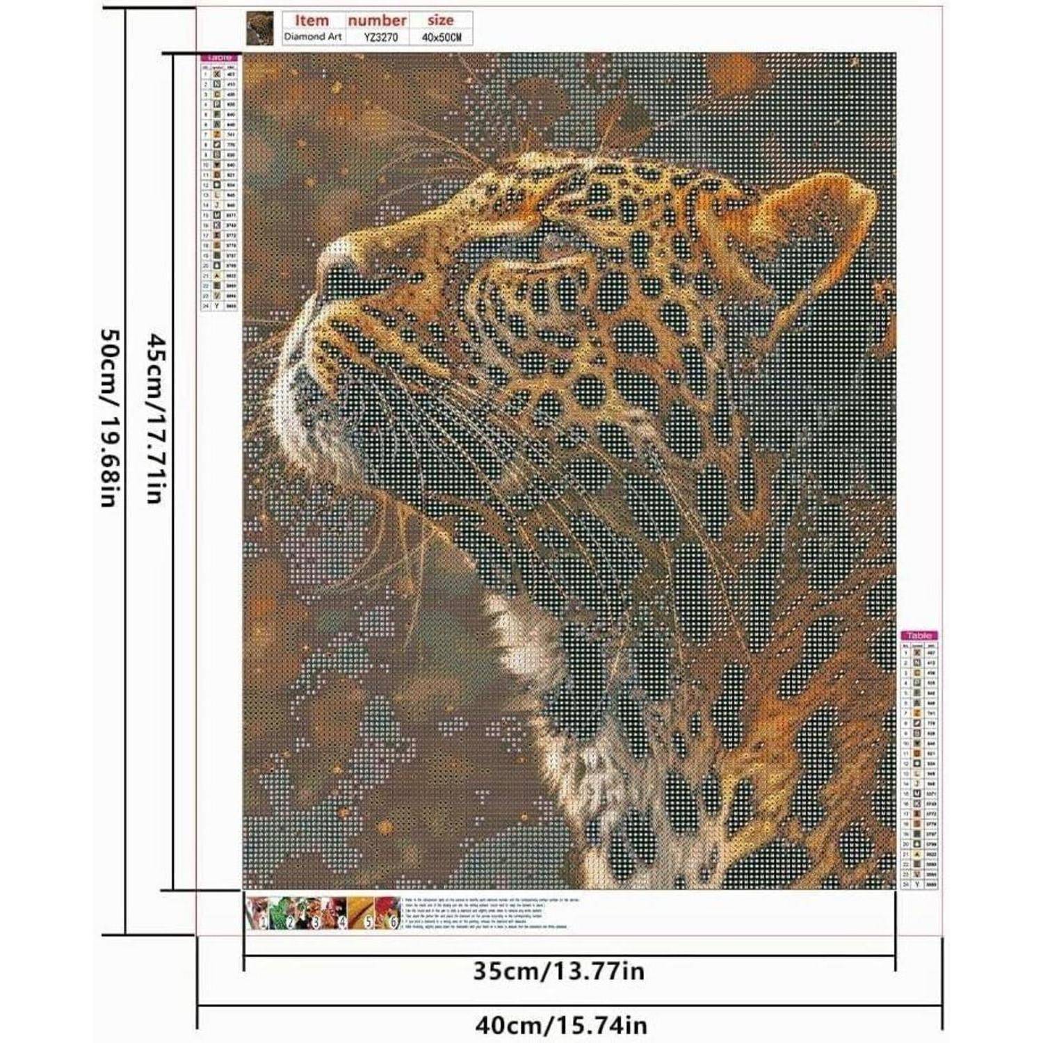 Diamantmalerei-Vorlage eines Tigergesichts mit Größenangaben 35 cm und 40 cm Breite, 45 cm und 50 cm Höhe.
