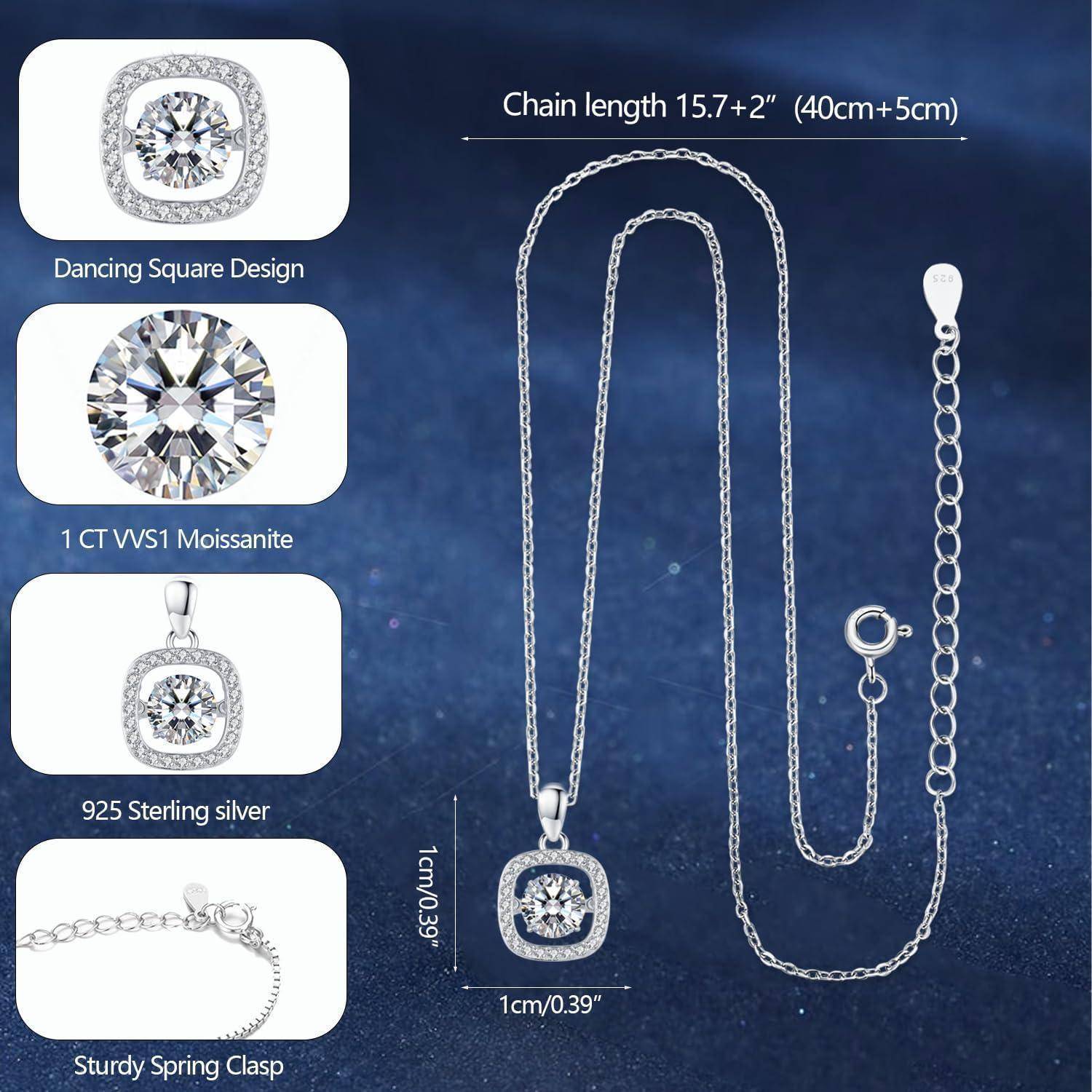 Produktbild einer quadratischen Anhängerkette aus Sterlingsilber mit Moissanit, gezeigt mit einer Kettenlänge von 15,7+2 Zoll (40+5 cm) und einer Anhängergröße von 1 cm.