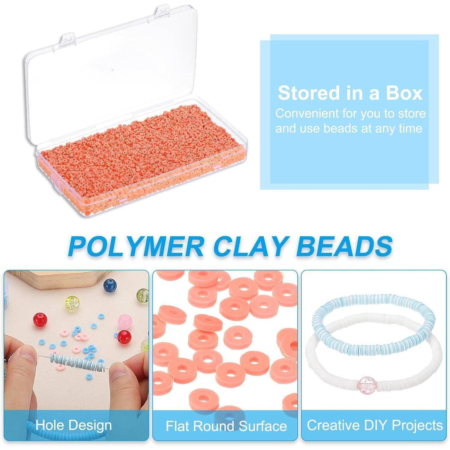 Werbeimage für Polymer-Ton-Perlen in einer Aufbewahrungsbox, die das Lochdesign, die flache runde Oberfläche und DIY-Armband-Projekte hervorhebt.