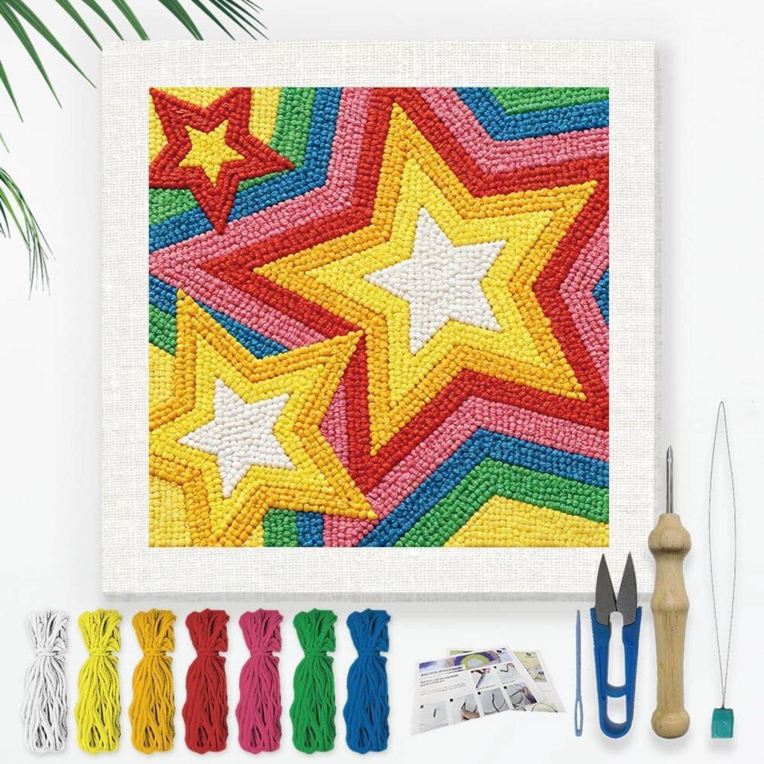 Diamant-Kunstset mit farbenfrohem mehrschichtigem Sternmuster auf einer quadratischen Leinwand, gezeigt mit Wachs, farbigen Perlen, Werkzeugen und Anleitung.