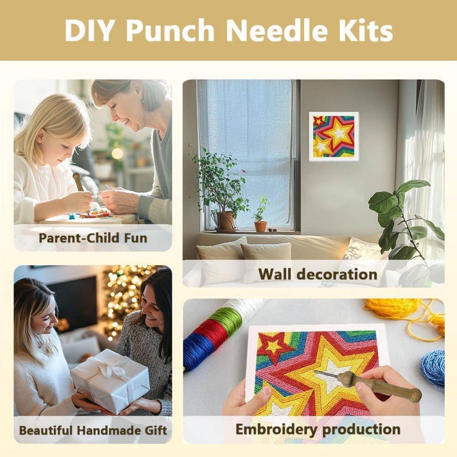 Collage zur Bewerbung von DIY-Punch-Needle-Kits, das Basteln von Eltern und Kindern, Wanddekoration, handgefertigte Geschenke und Beispiele aus der Stickproduktion zeigt.