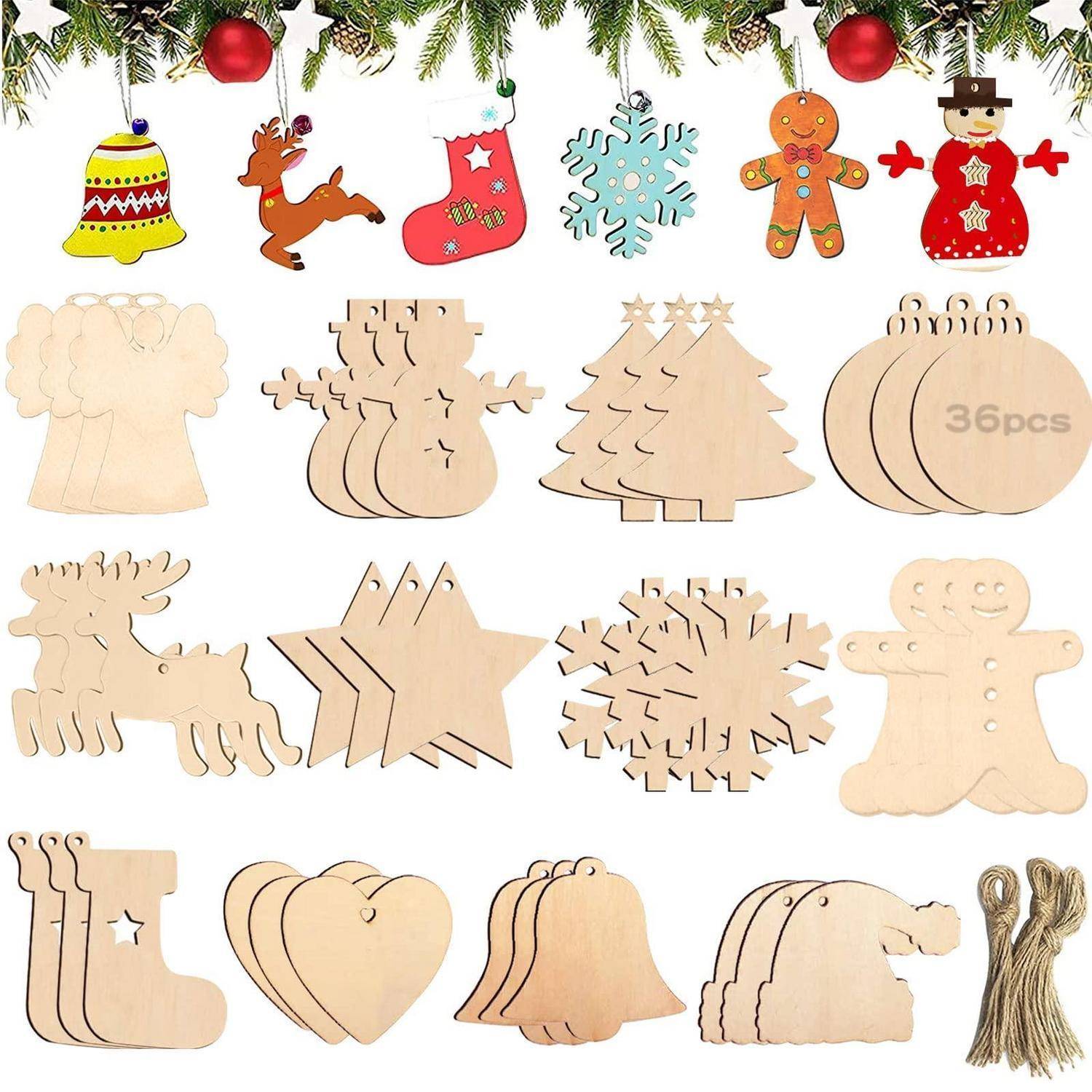Sortierte unvollendete hölzerne Weihnachtsornamente und Aufhängeschnur, einschließlich Glocken, Rentiere, Strümpfe, Schneeflocken, Lebkuchenmännchen, Bäume, Sterne, Herzen und Stiefel.