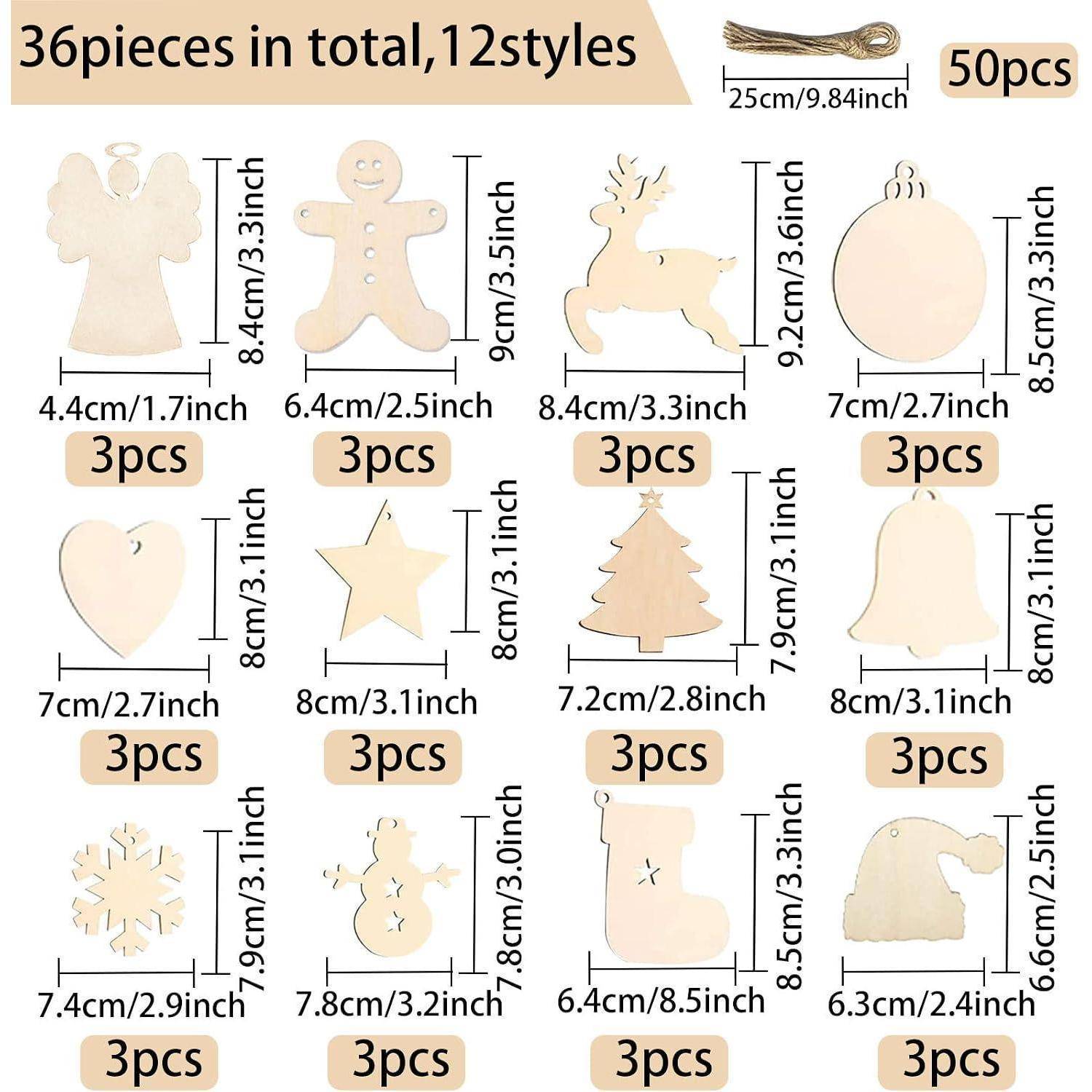 Bild mit 36 Holz-Weihnachtsverzierungen in 12 Stilen, jede mit Größe und 3 Stück gekennzeichnet; enthält Schnur und Label mit „50 Stück".