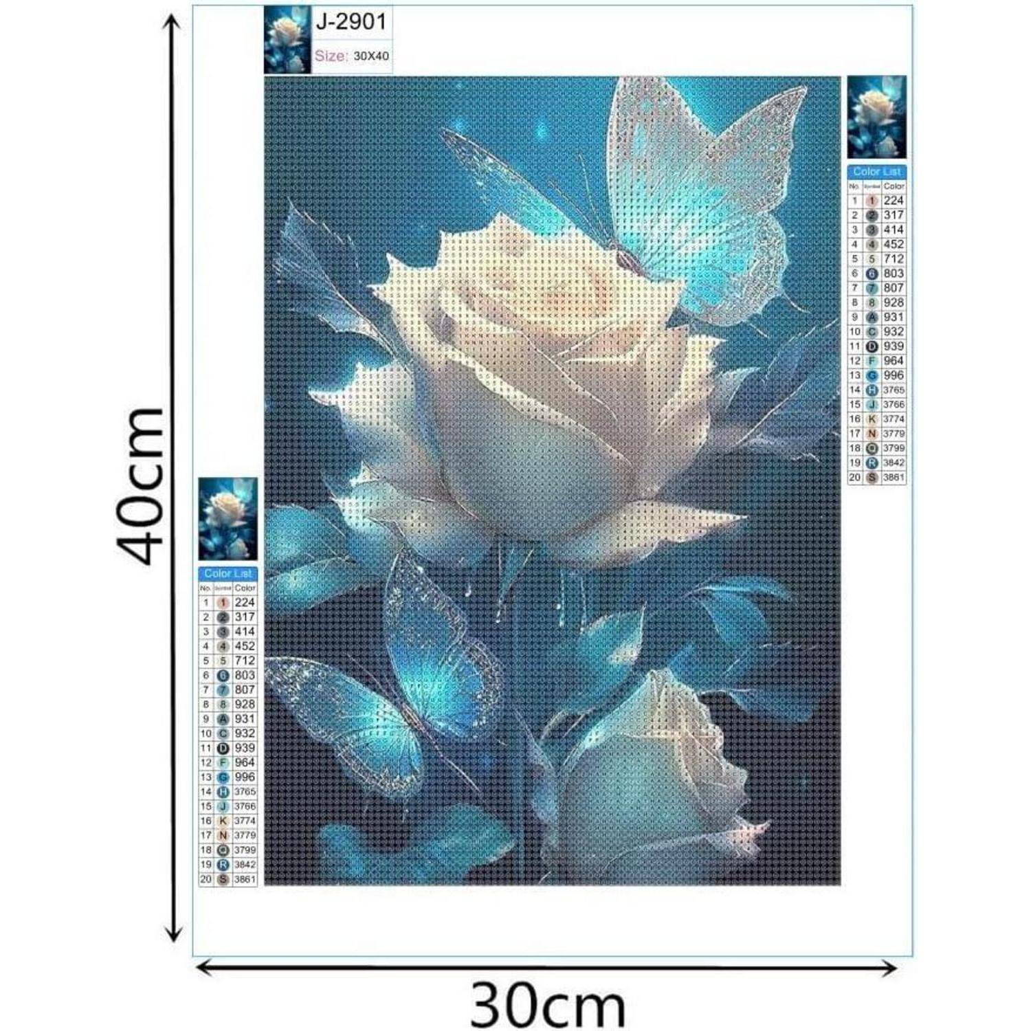Diamantmalerei-Set-Design mit weißen Rosen und blauen Schmetterlingen, Bezeichnung J-2901, Größe 30cm x 40cm.