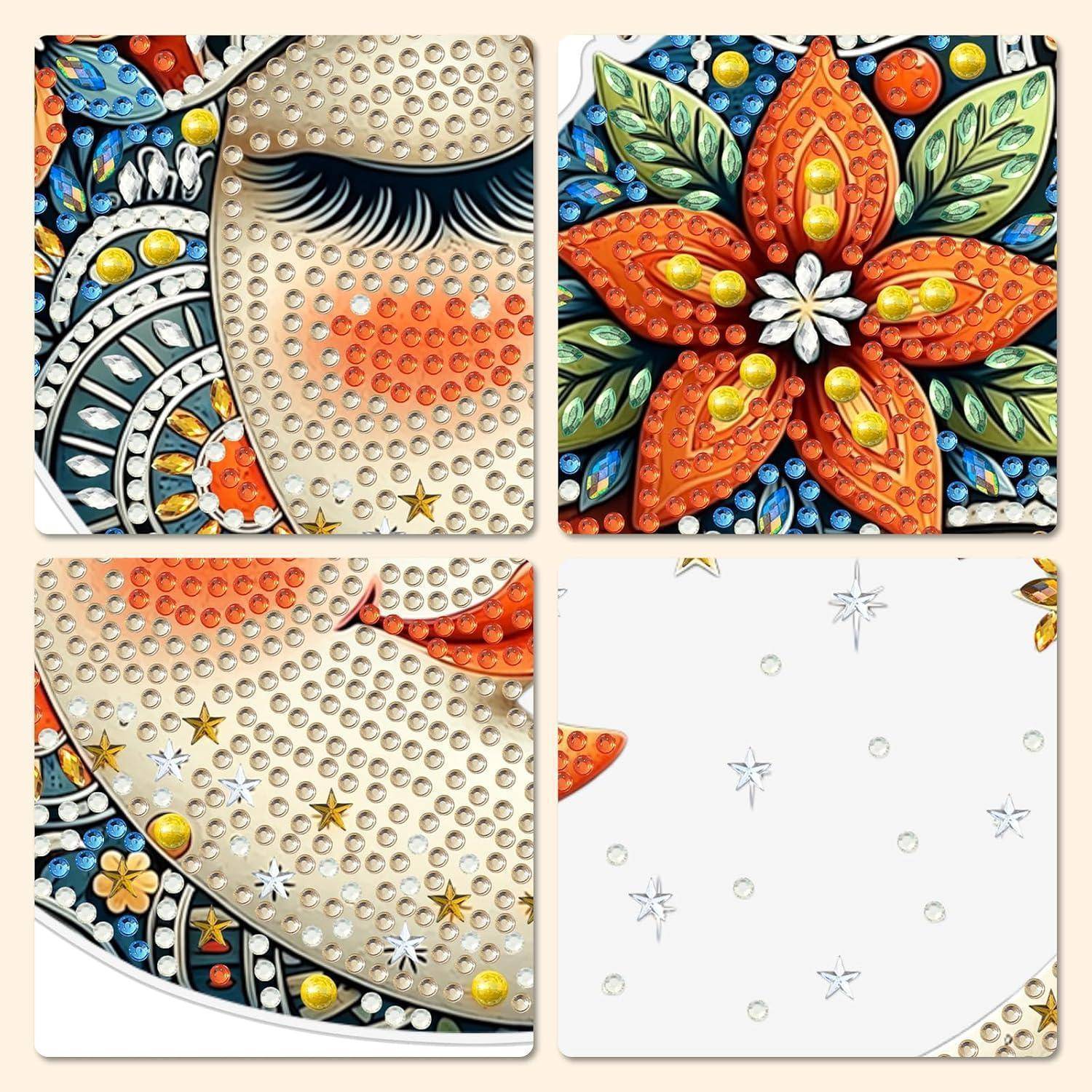 Vierteiliges Bild von Strass-Diamantmalerei-Designs: ein Frauengesicht, eine orangefarbene Blume, eine Mondsichel mit Sternen und ein größtenteils leeres gemustertes Panel.