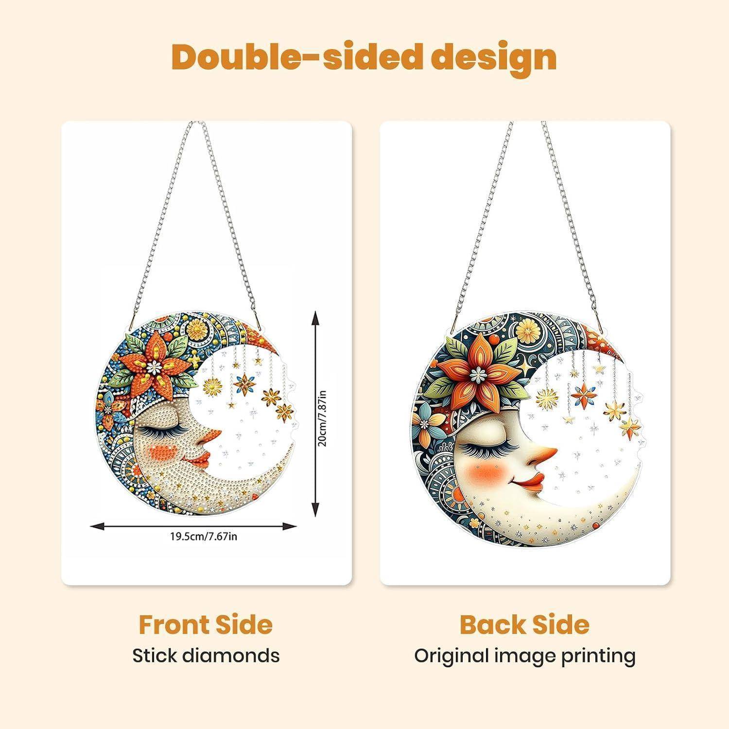 Produktgrafik zeigt ein rundes Hängeornament mit doppelseitigem Design: Vorderseite verwendet Stab-Diamanten, Rückseite zeigt originales Bilddruck, mit aufgelisteten Größenabmessungen.