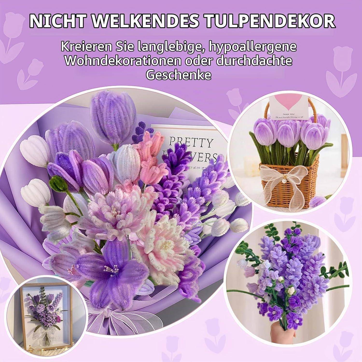Werbekollage aus violetten künstlichen Tulpensträußen und Blumenarrangements, beschriftet mit „NICHT WELKENDES TÜLPENDEKOR" und bewirbt langlebige, hypoallergene Heimdekoration und Geschenke.