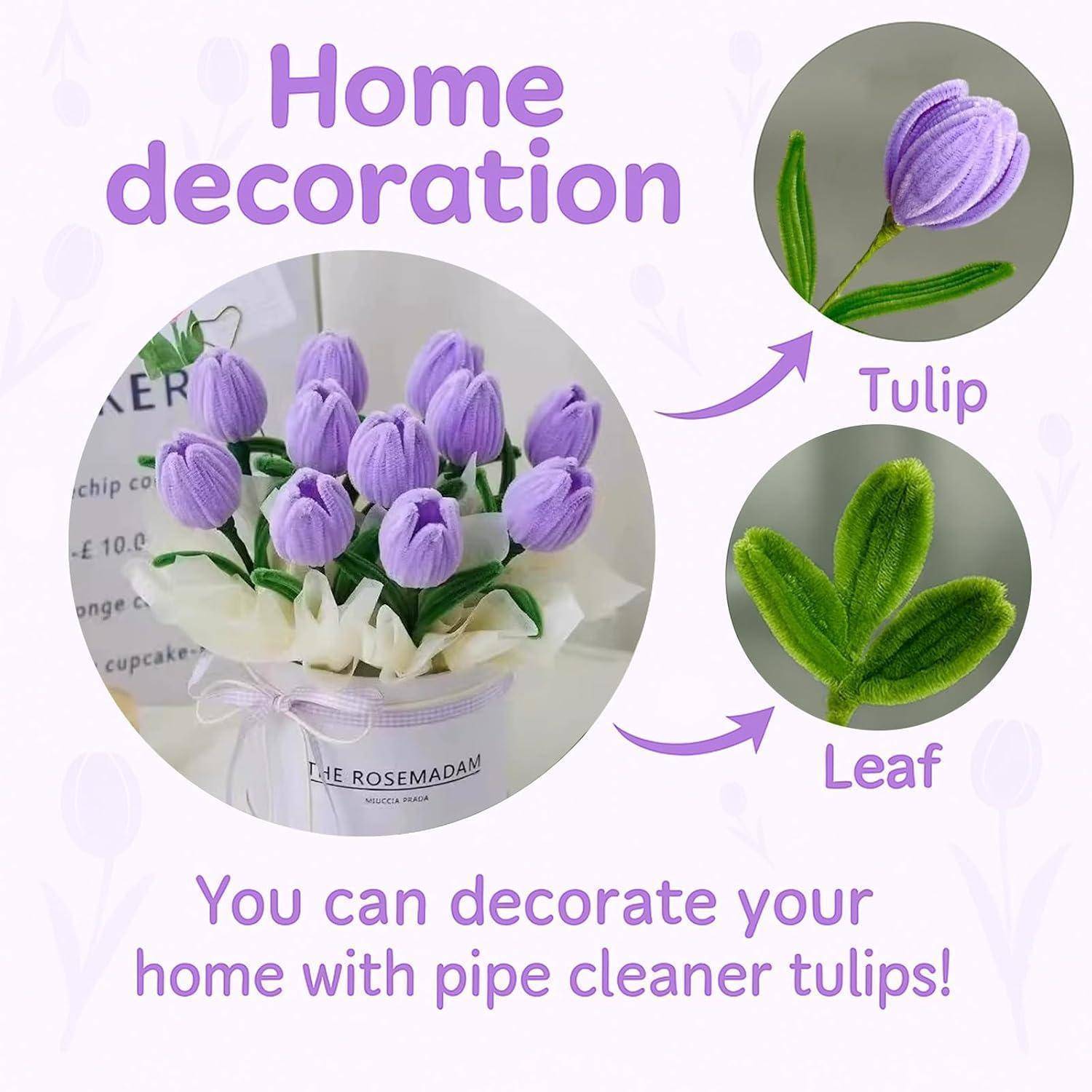 Grafik zeigt eine Pfeifenreiniger-Tulpen-Hausdekoration mit einem Strauß-Foto und Nahaufnahmen mit den Beschriftungen "Tulpe"" und ""Blatt"".