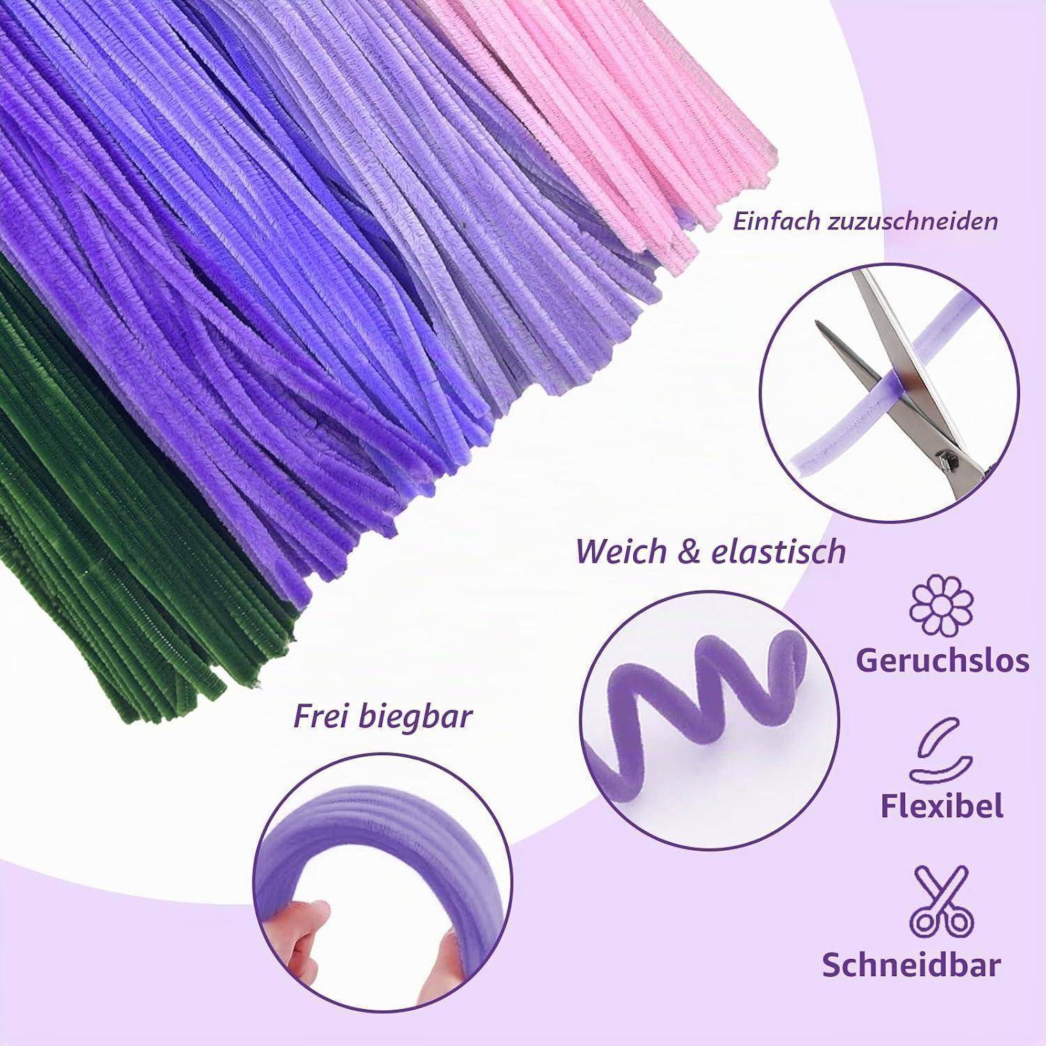 Bild mit Werbung für bunte flexible Streifen mit deutschen Bezeichnungen: 'Einfach zuzuschneiden', 'Weich & elastisch', 'Frei biegbar', 'Geruchslos', 'Flexibel', 'Schneidbar'.
