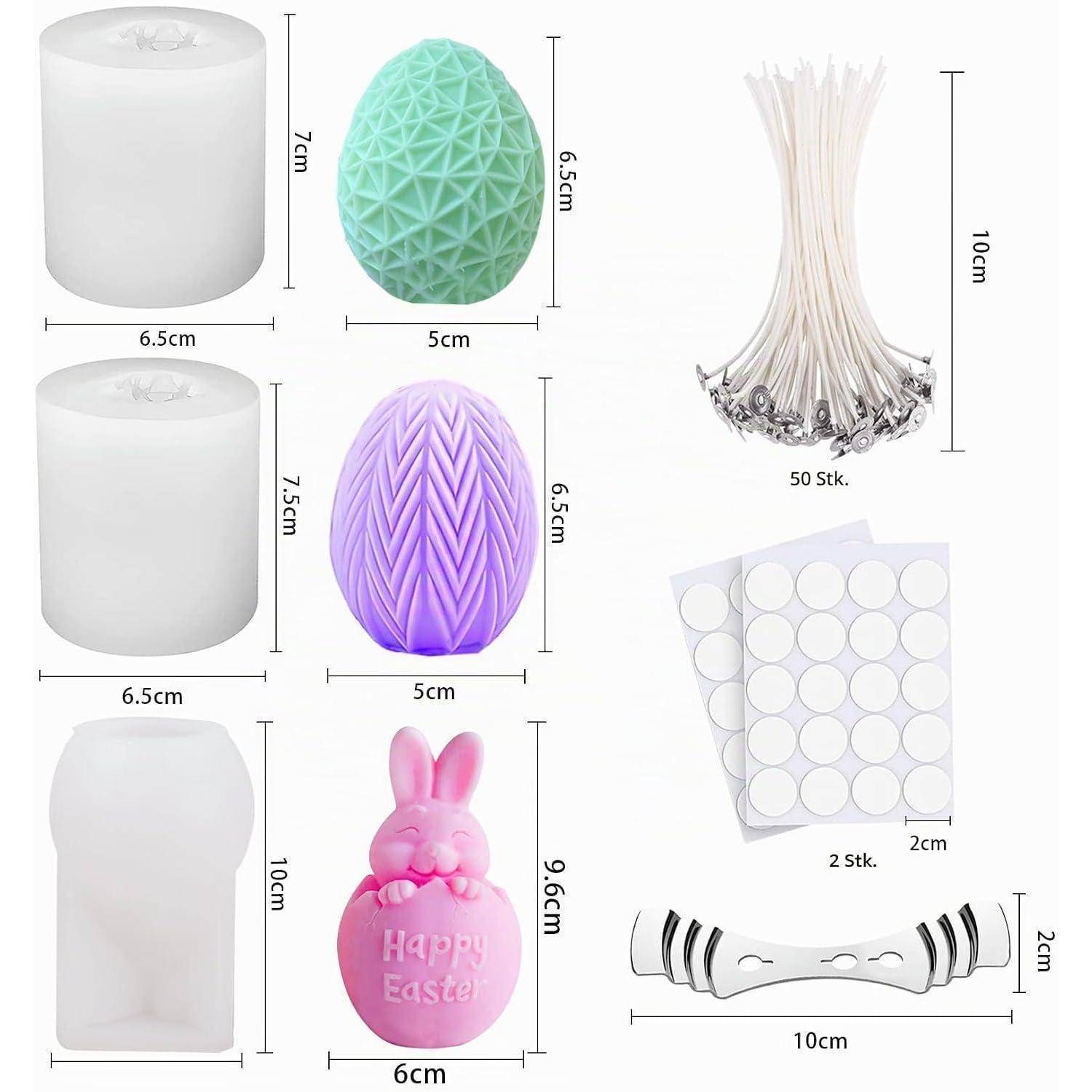 Produktdimensionstabelle mit sechs Silikonformformen und Messungen: Kerzen, Eier und Osterhase, plus Dochte, Klebepunkte und ein 10 cm Griff/Werkzeug.