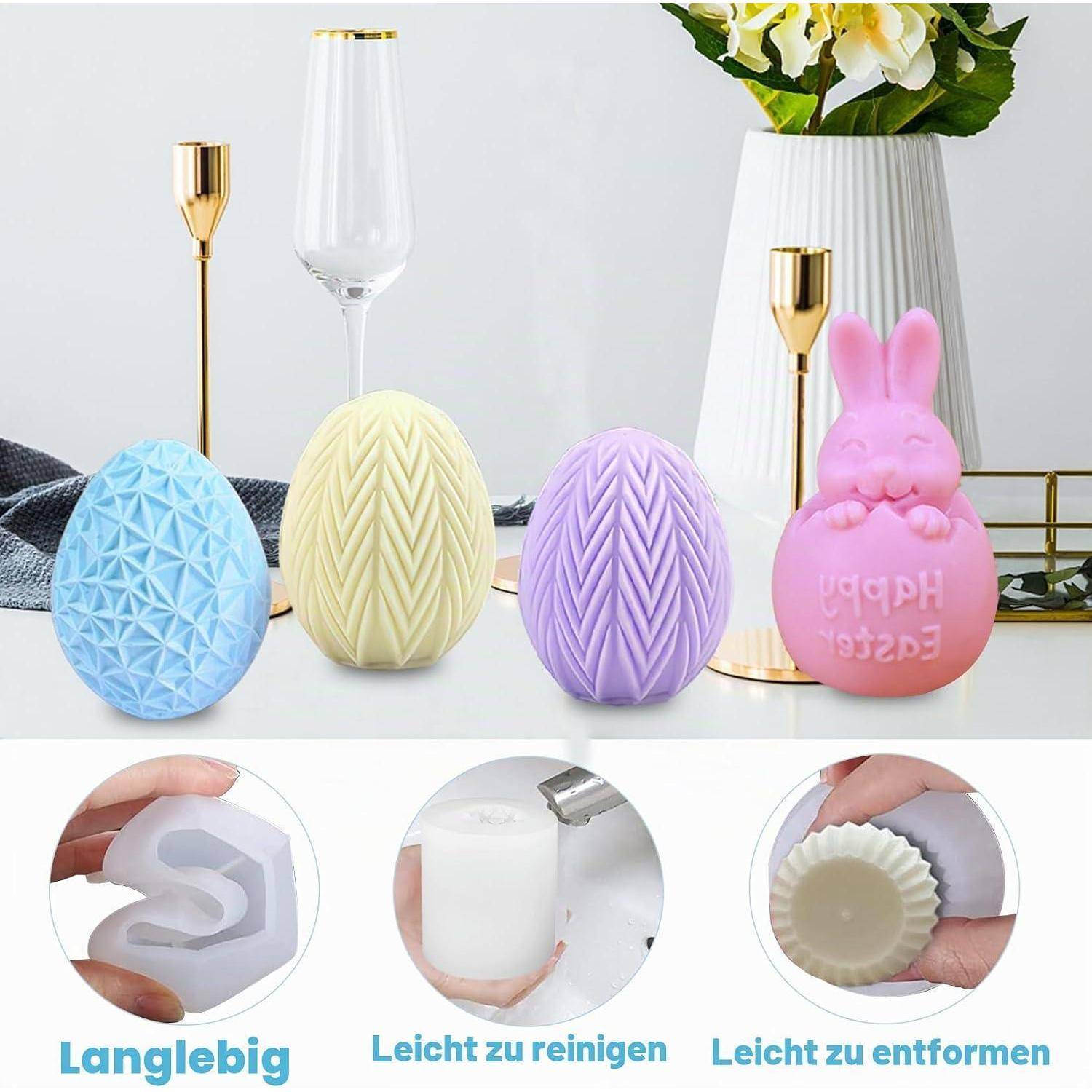 Vier pastellfarbene ostereiförmige Formen und eine rosa Hasenfrom auf einem Tisch ausgestellt, mit Nahaufnahmen, die flexibles Silikon, einfache Reinigung und einfaches Entformen zeigen.