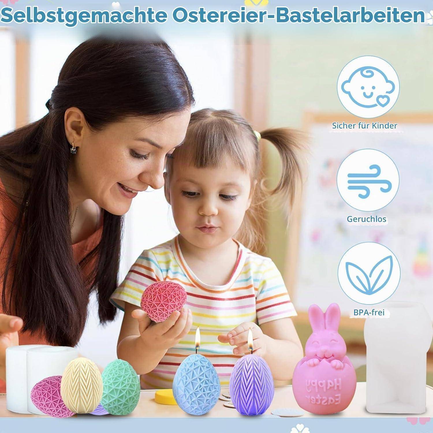 Mutter hilft einem kleinen Kind, Ostereier mit Bastelmaterialien zu verzieren; Der deutsche Titel besagt „Selbstgemachte Ostereier-Bastelarbeiten