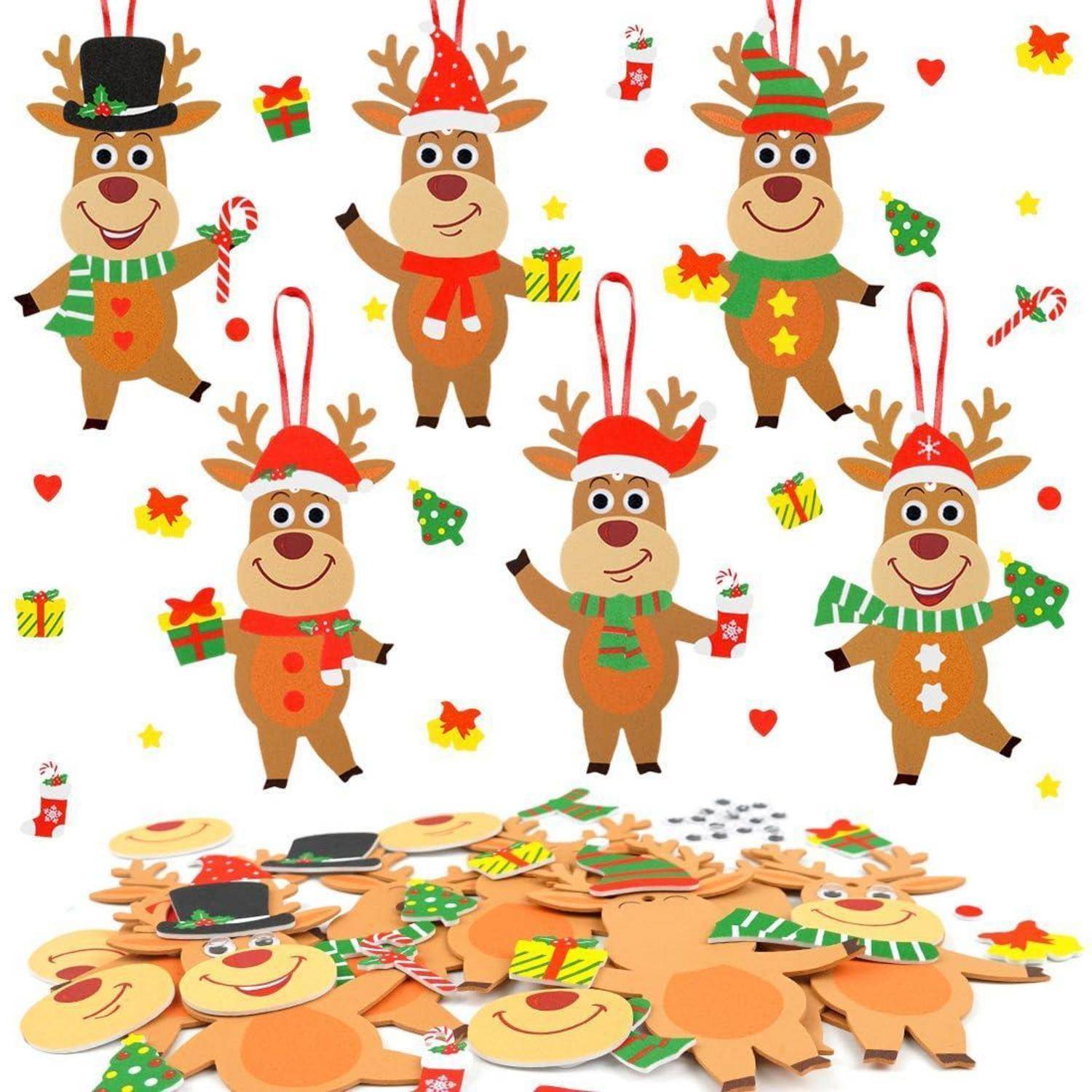 Illustration von sechs lächelnden Rentieren in festlichen Feiertagsoutfits und Hüten, umgeben von Weihnachtssymbolen und verstreuten Rentier-Ausschnitten am unteren Rand.