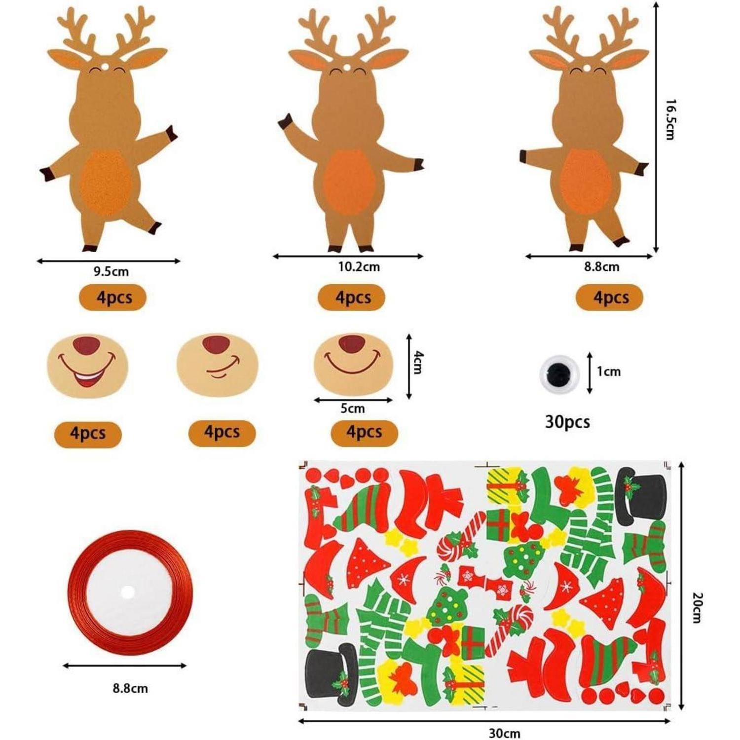 Weihnachtsbastelet-Aufkleberset mit 3 Rentiersfiguren, 3 Gesichtsteilen, 30 Augen, 1 roter Bandrolle und einem 30 x 20 cm großen Blatt mit assortierter Weihnachtskleidung und Zubehör.