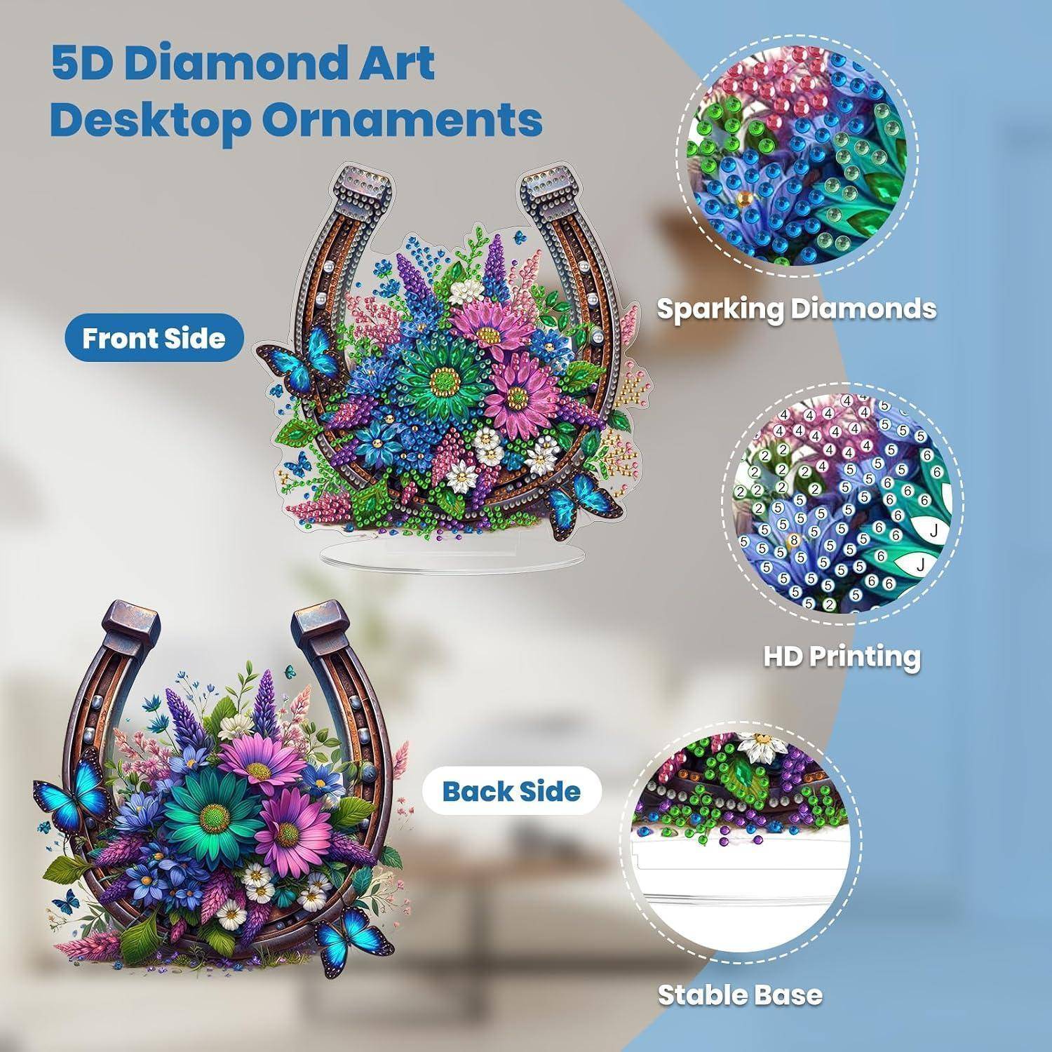 Werbegrafik eines hufeisenfömigen 5D-Diamant-Kunsttischtier-Ornaments mit Vorder- und Rückansichten mit funkelnden Diamanten, HD-Druck und stabilem Sockel.