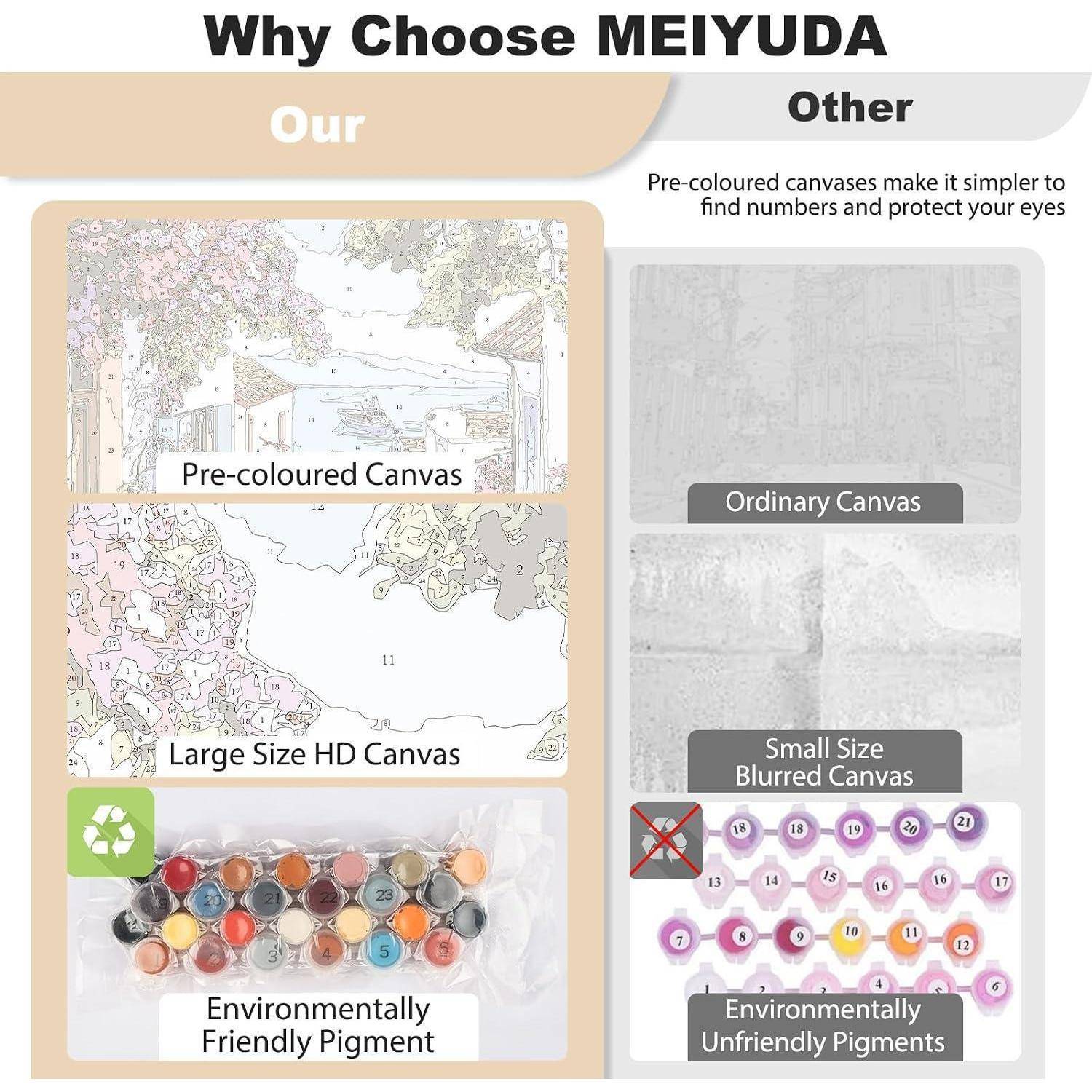 Vergleich-Infografik: MEIYUDA gegenüber anderen Leinwänden: vorkoloriert, große HD-Leinwand und umweltfreundliche Pigmente gegenüber gewöhnlichen verschwommenen, kleinen und umweltschädlichen Alternativen.