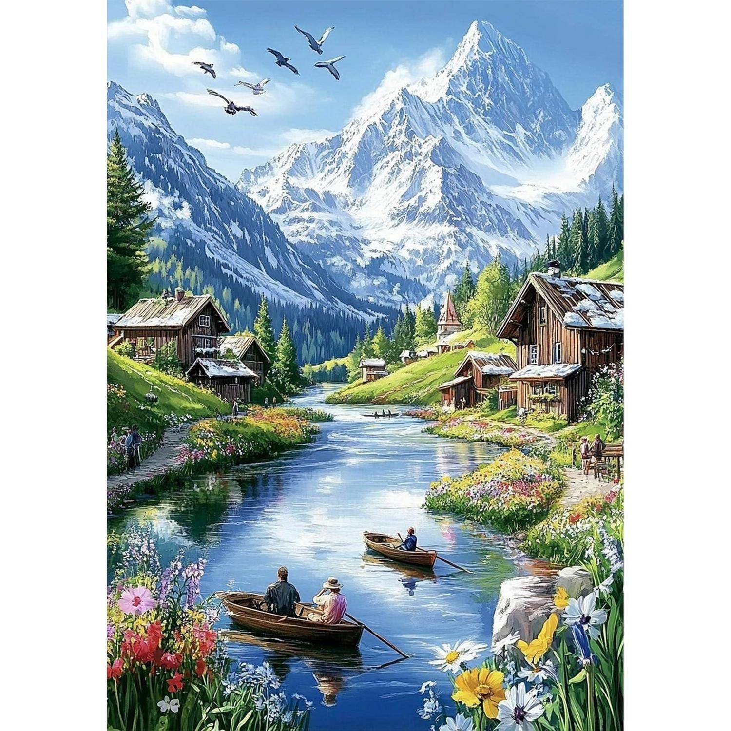 Malerisches Bergdorf mit einem Fluss, zwei Ruderbooten, hölzernen Hütten, Wildblumen, Kiefern und segelnd fliegenden Vögeln unter schneebedeckten Gipfeln.